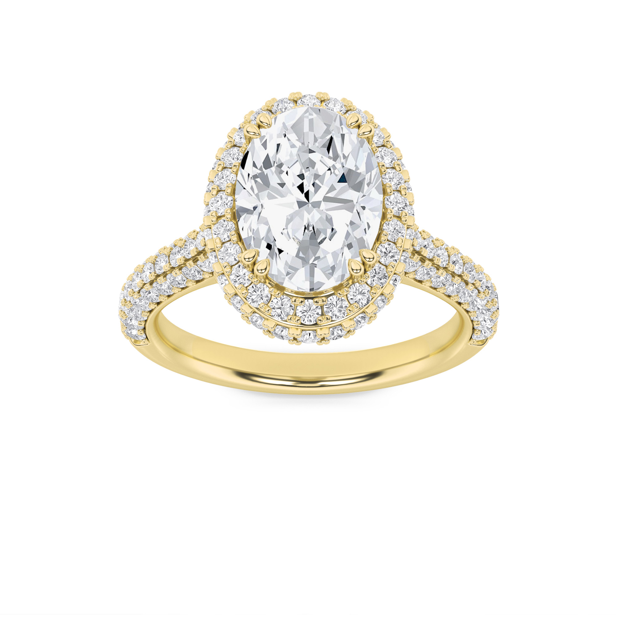 3Cttw Oval Shaped Lab Grown Diamond (F/VS) Halo Accented Engagement Ring in 14K Gold
