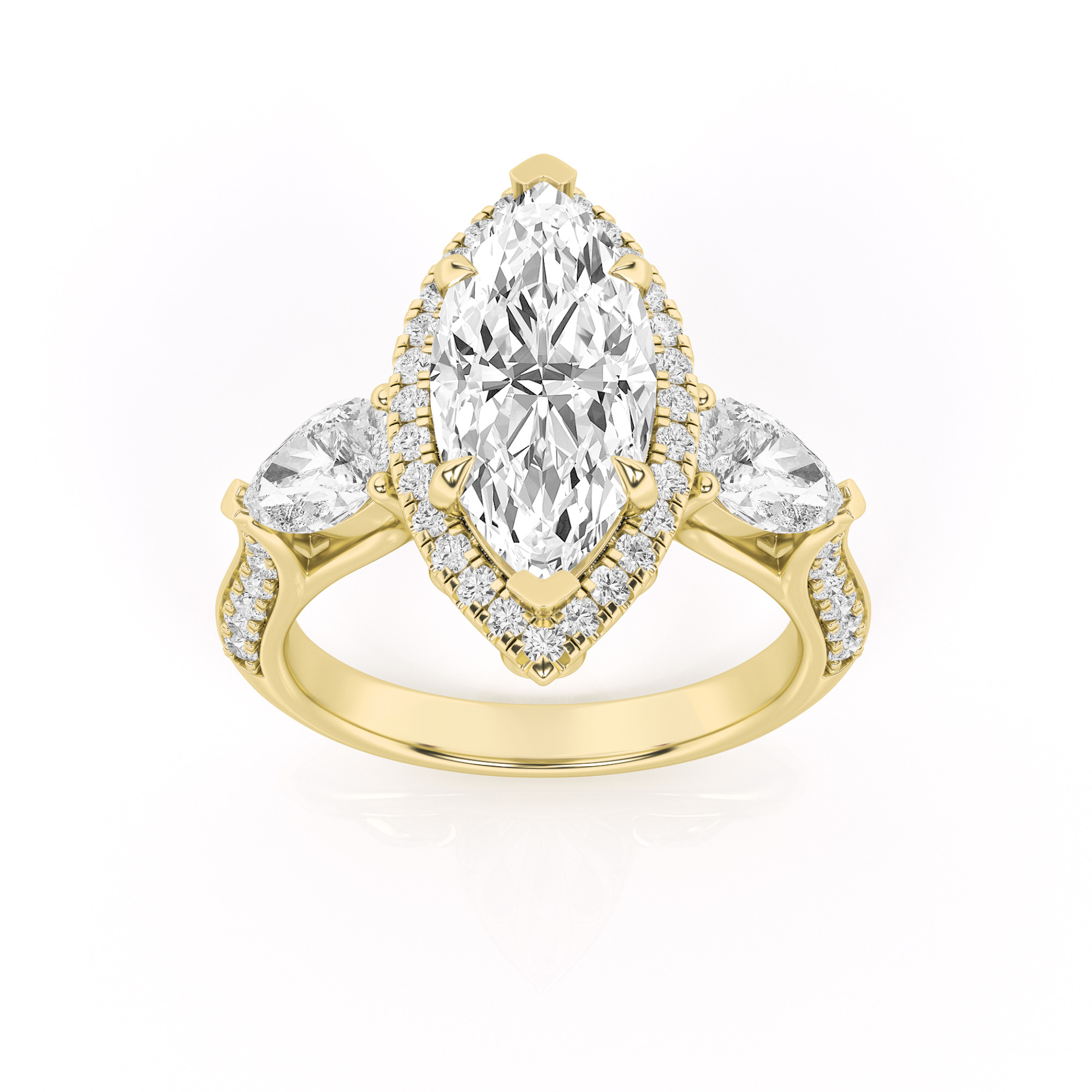 3Cttw Marquise Shaped Lab Grown Diamond (F/VS) Three Stone Halo Enagement Ring in 14K Gold
