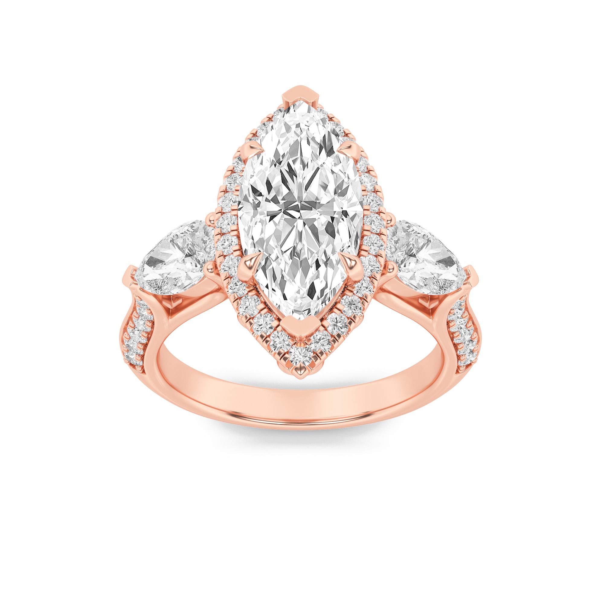 3Cttw Marquise Shaped Lab Grown Diamond (F/VS) Three Stone Halo Enagement Ring in 14K Gold