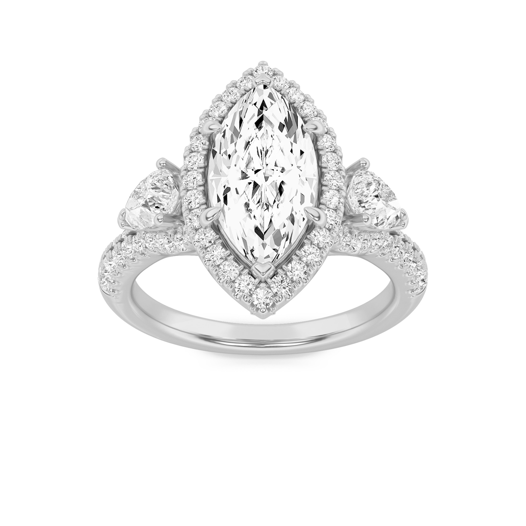 3Cttw Marquise Shaped Lab Grown Diamond (F/VS) Three Stone Bold Accented Engagement Ring in 14K Gold