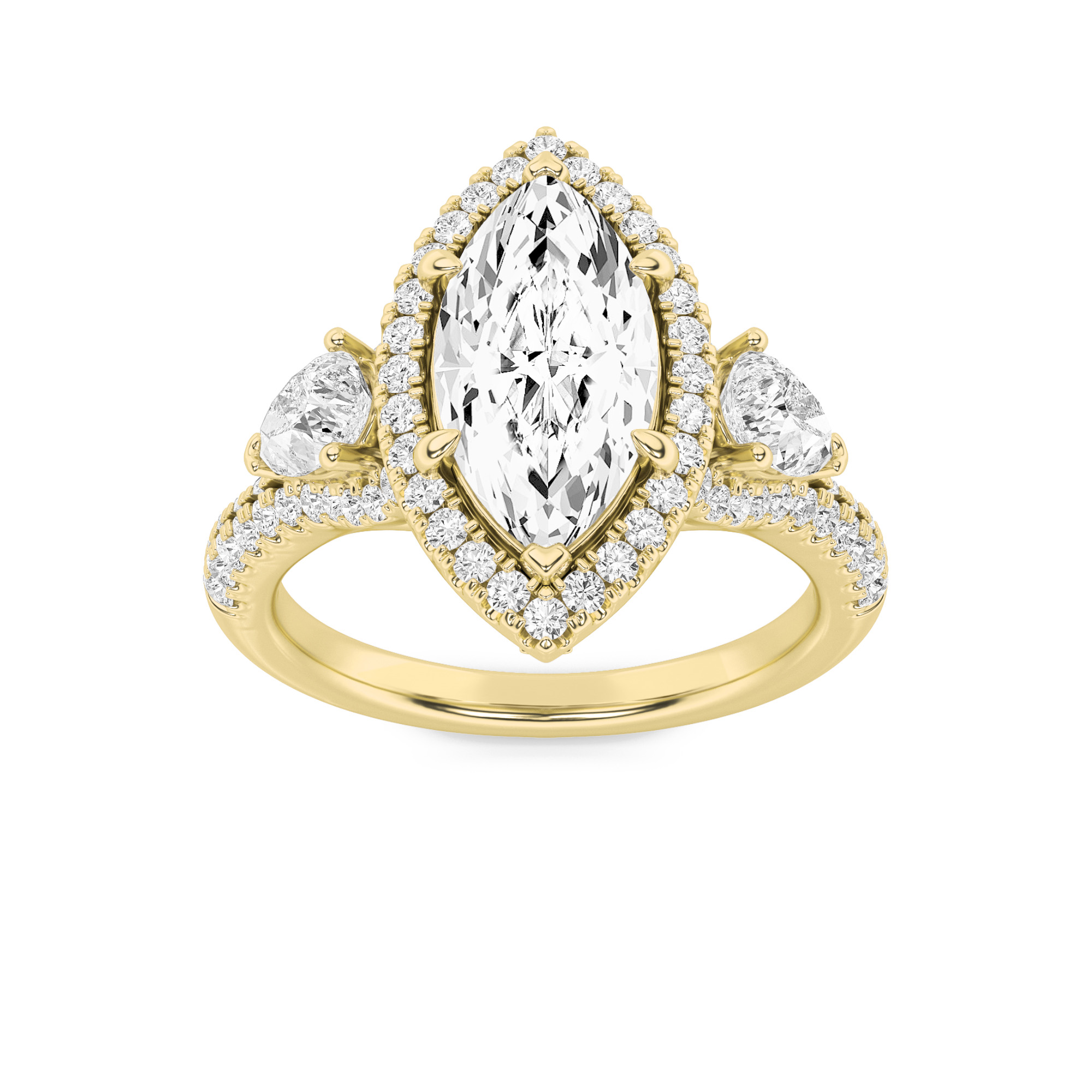 3Cttw Marquise Shaped Lab Grown Diamond (F/VS) Three Stone Bold Accented Engagement Ring in 14K Gold