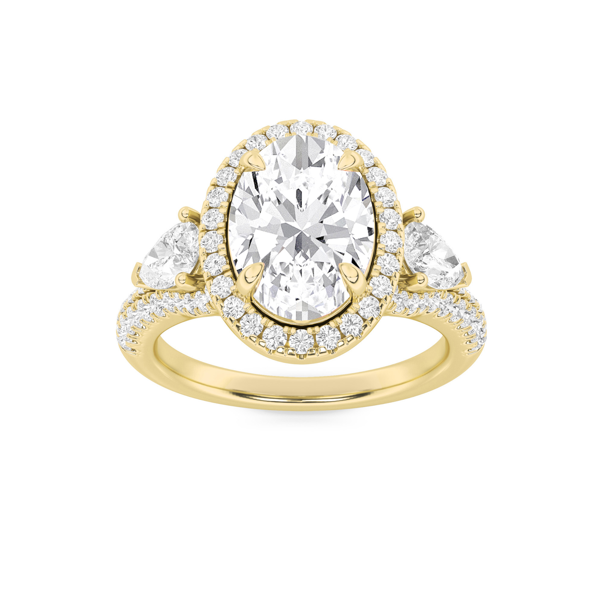 3Cttw Oval Shaped Lab Grown Diamond (F/VS) Three Stone Bold Accented Engagement Ring in 14K Gold