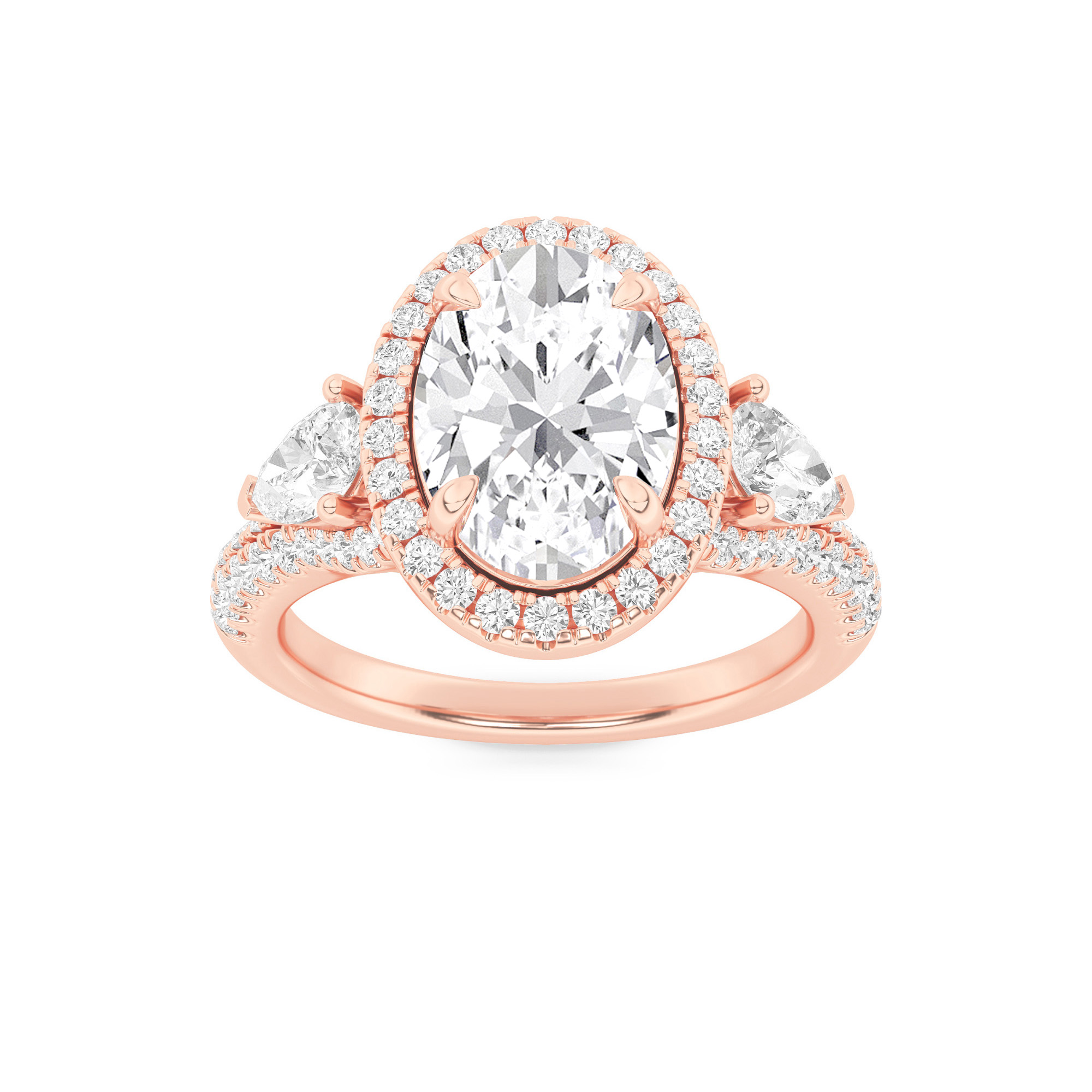 3Cttw Oval Shaped Lab Grown Diamond (F/VS) Three Stone Bold Accented Engagement Ring in 14K Gold