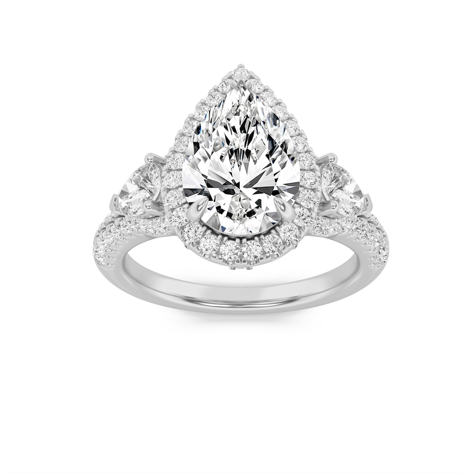 3Cttw Pear Shaped Lab Grown Diamond (F/VS) Three Stone Bold Accented Engagement Ring in 14K Gold