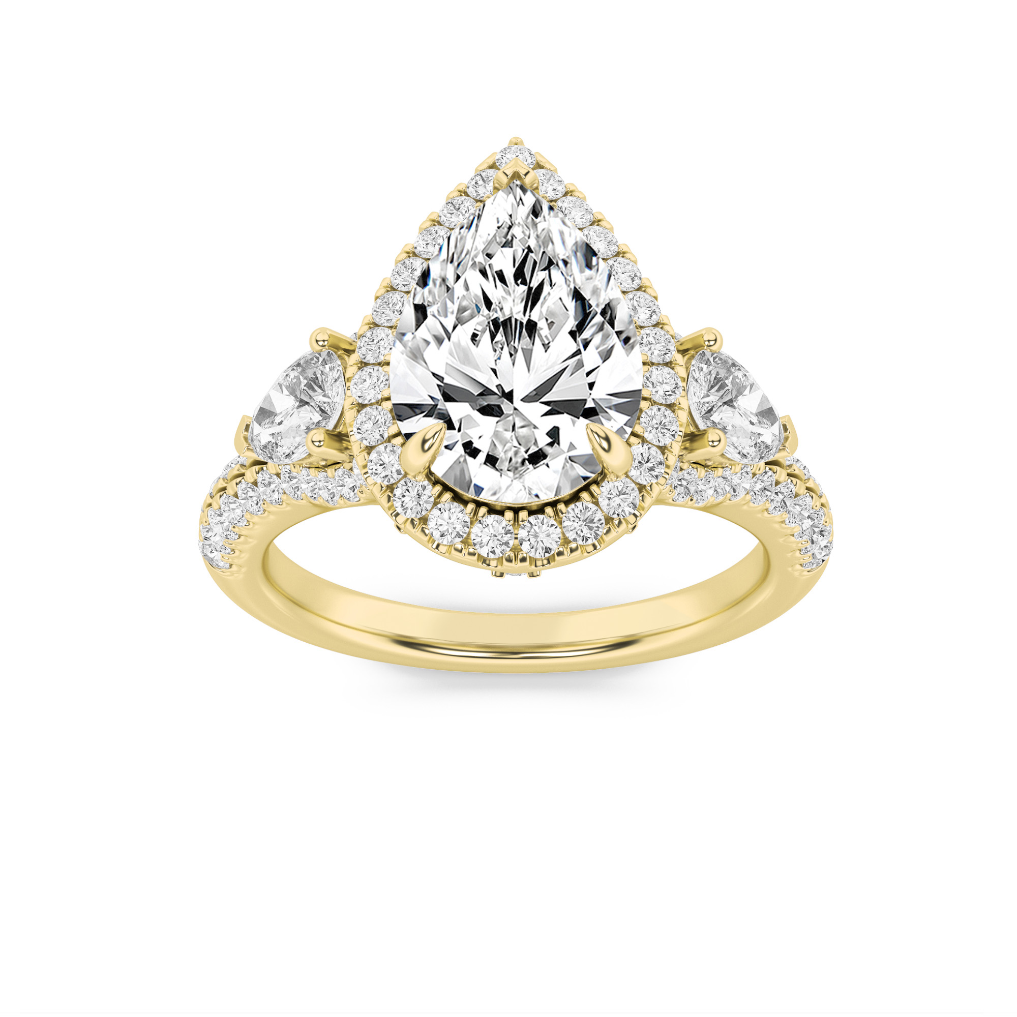 3Cttw Pear Shaped Lab Grown Diamond (F/VS) Three Stone Bold Accented Engagement Ring in 14K Gold