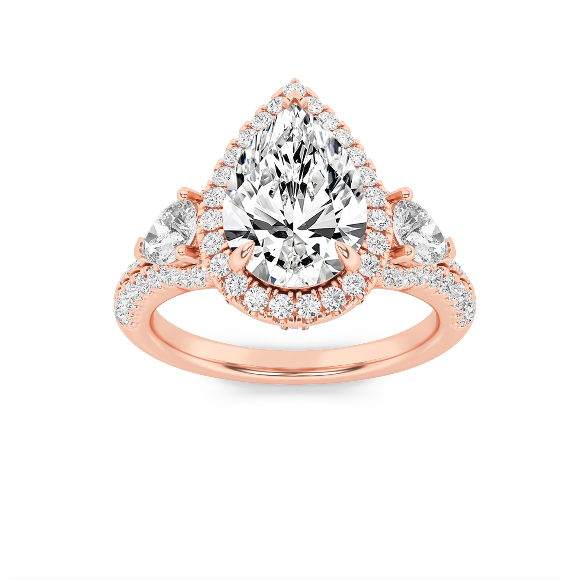 3Cttw Pear Shaped Lab Grown Diamond (F/VS) Three Stone Bold Accented Engagement Ring in 14K Gold