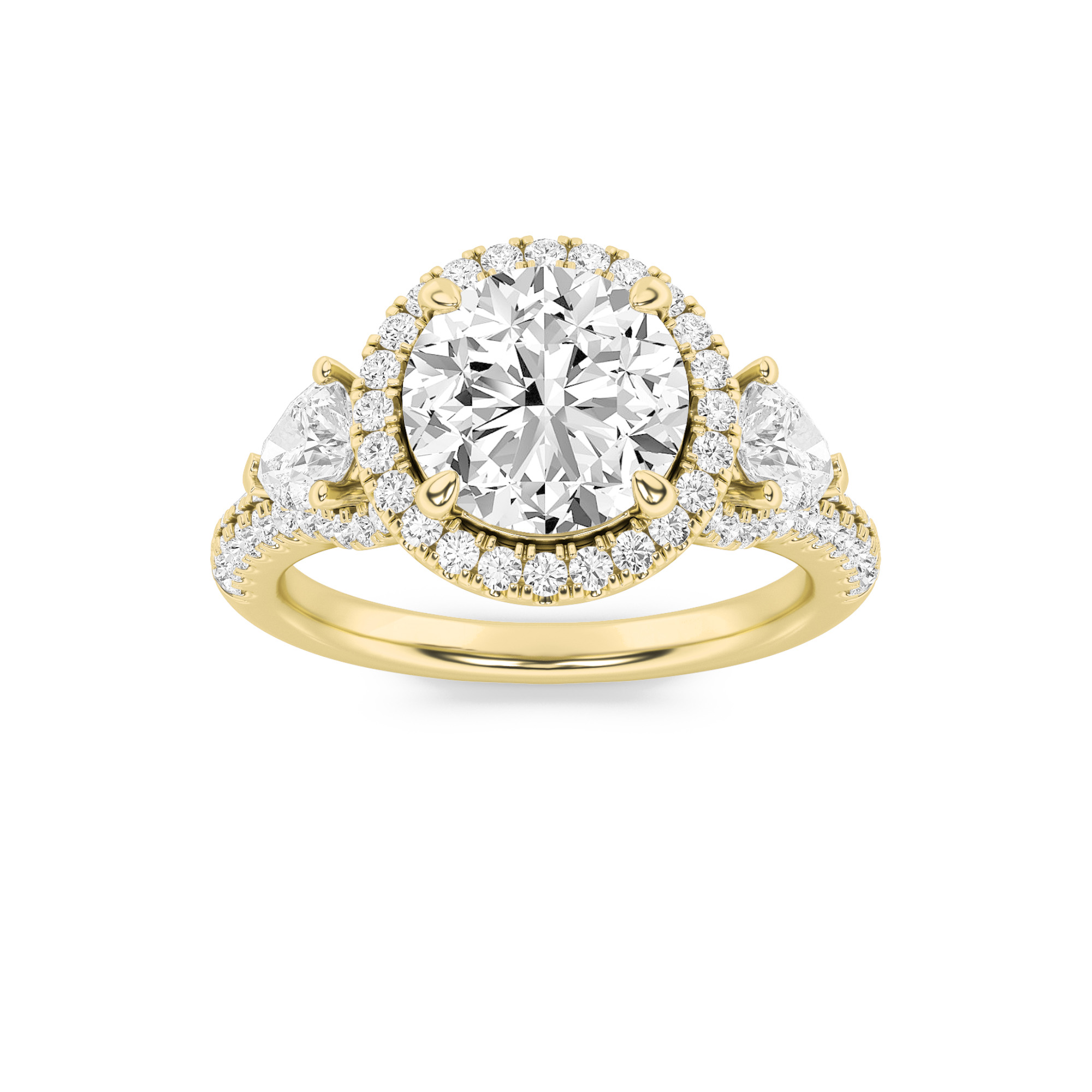 3Cttw Round Shaped Lab Grown Diamond (F/VS) Three Stone Bold Accented Engagement Ring in 14K Gold