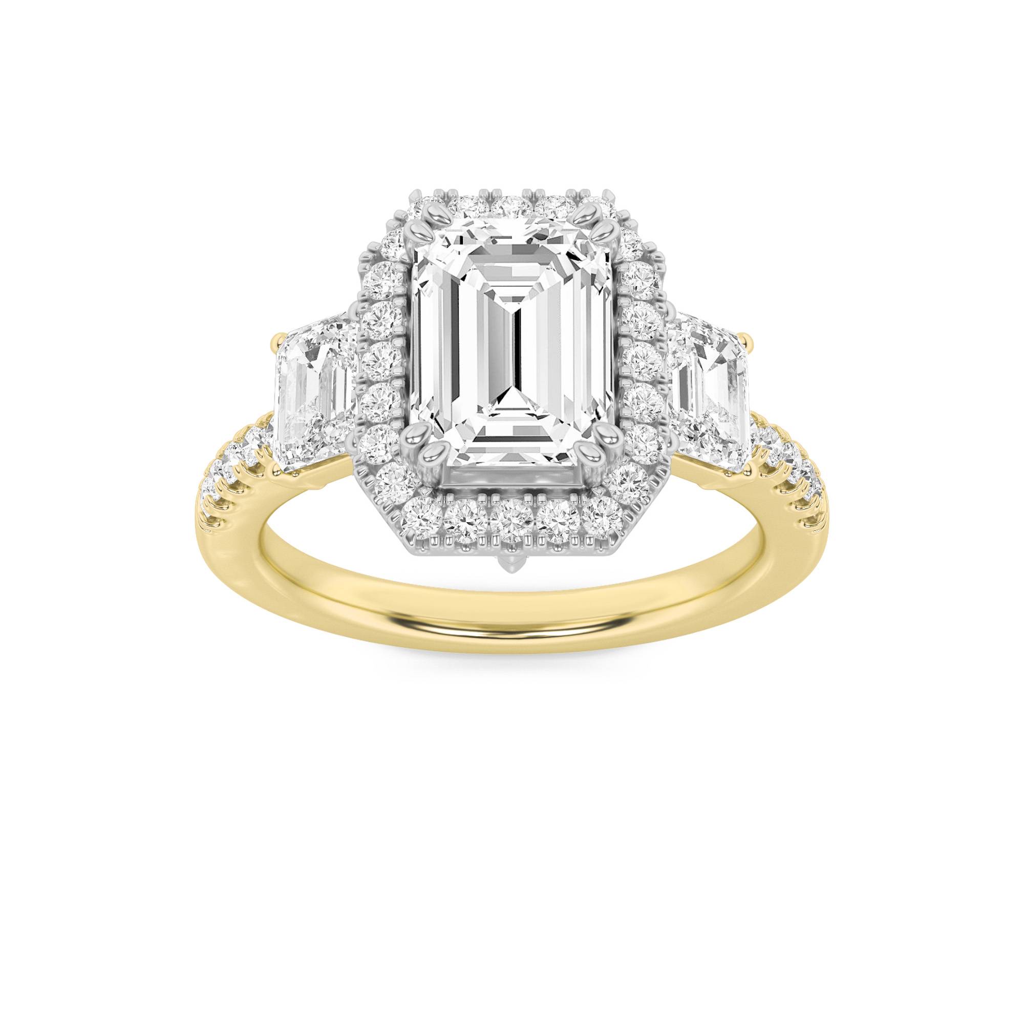 3Cttw Emerald Shaped Lab Grown Diamond (F/VS) Three Stone Accented Engagement Ring in 14K Gold