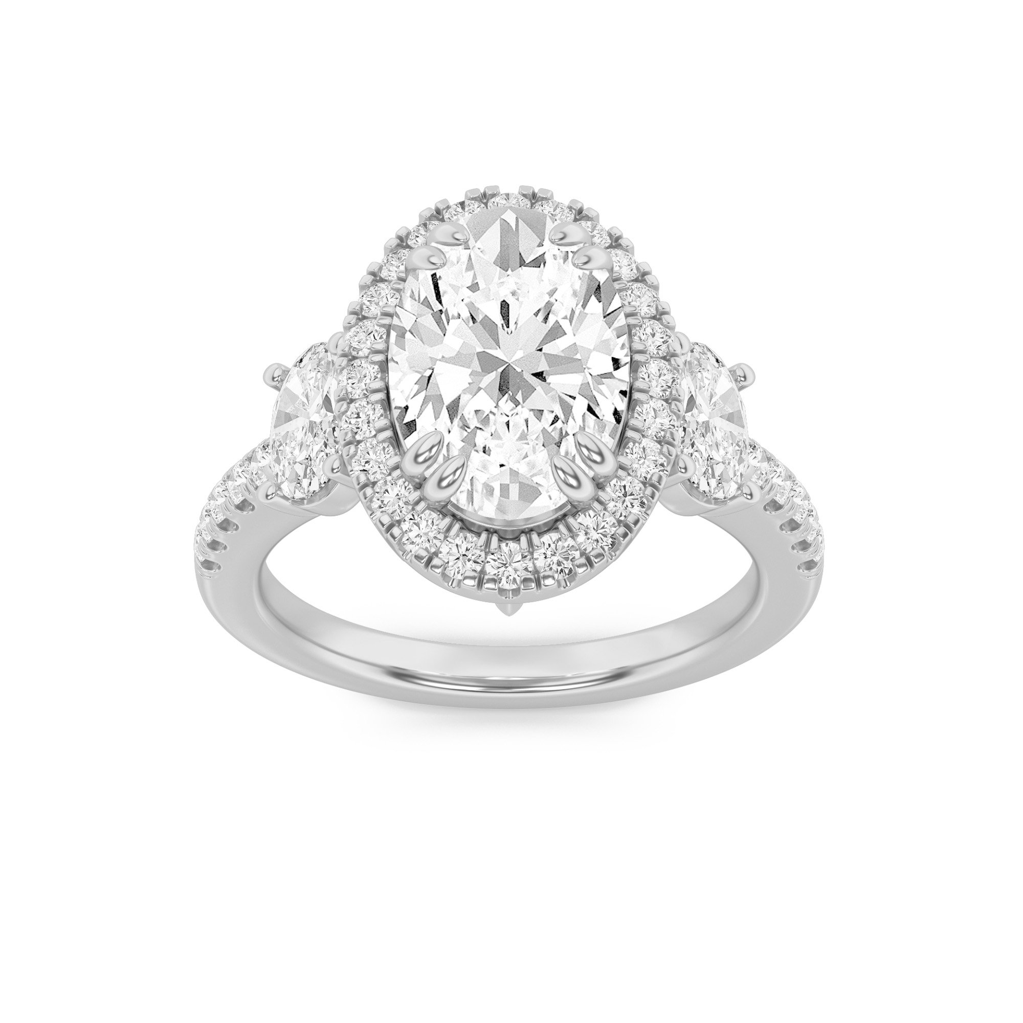 3Cttw Oval Shaped Lab Grown Diamond (F/VS) Three Stone Accented Engagement Ring in 14K Gold
