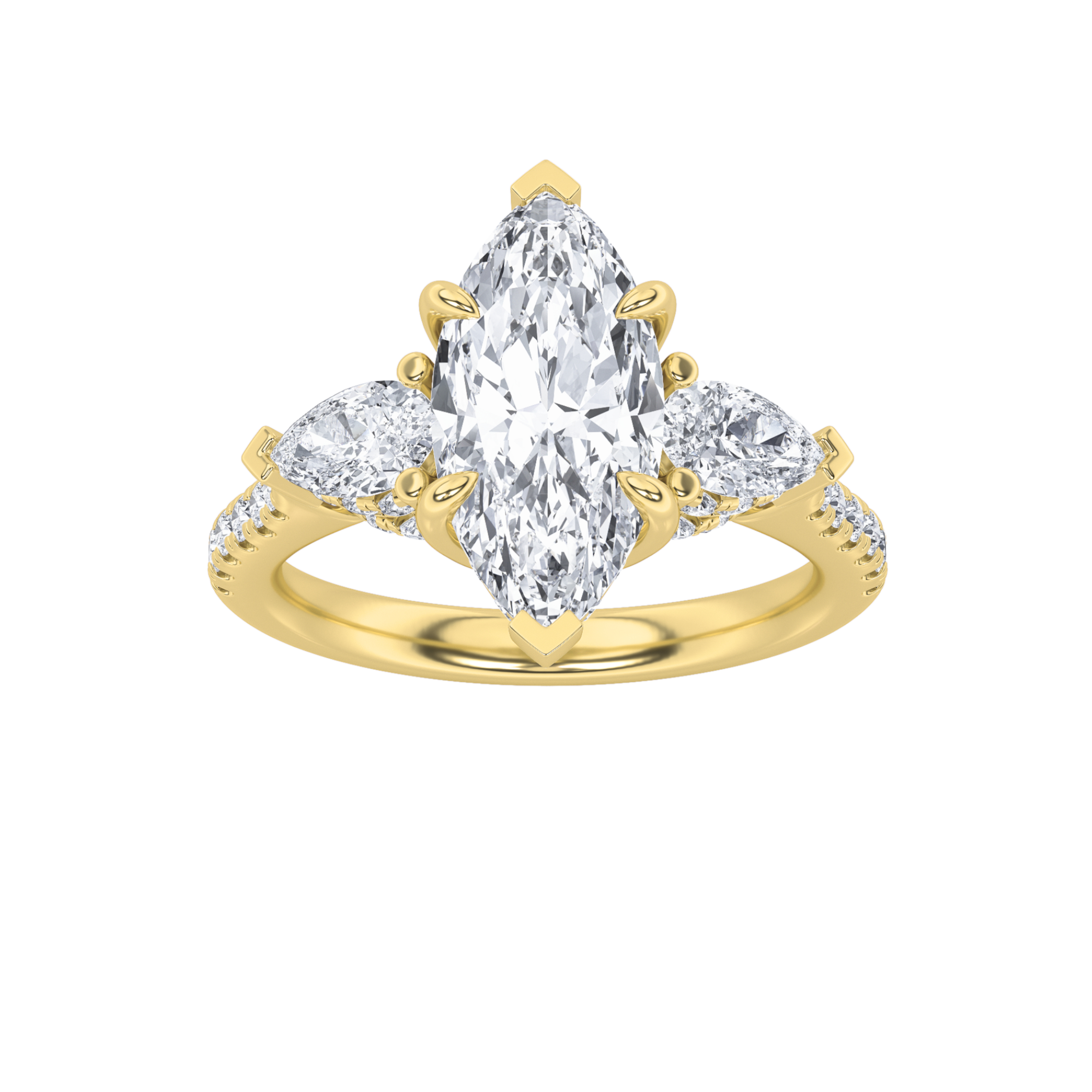 3Cttw Marquise Shaped Lab Grown Diamond (F/VS) Three Stone Accented Engagement Ring in 14K Gold
