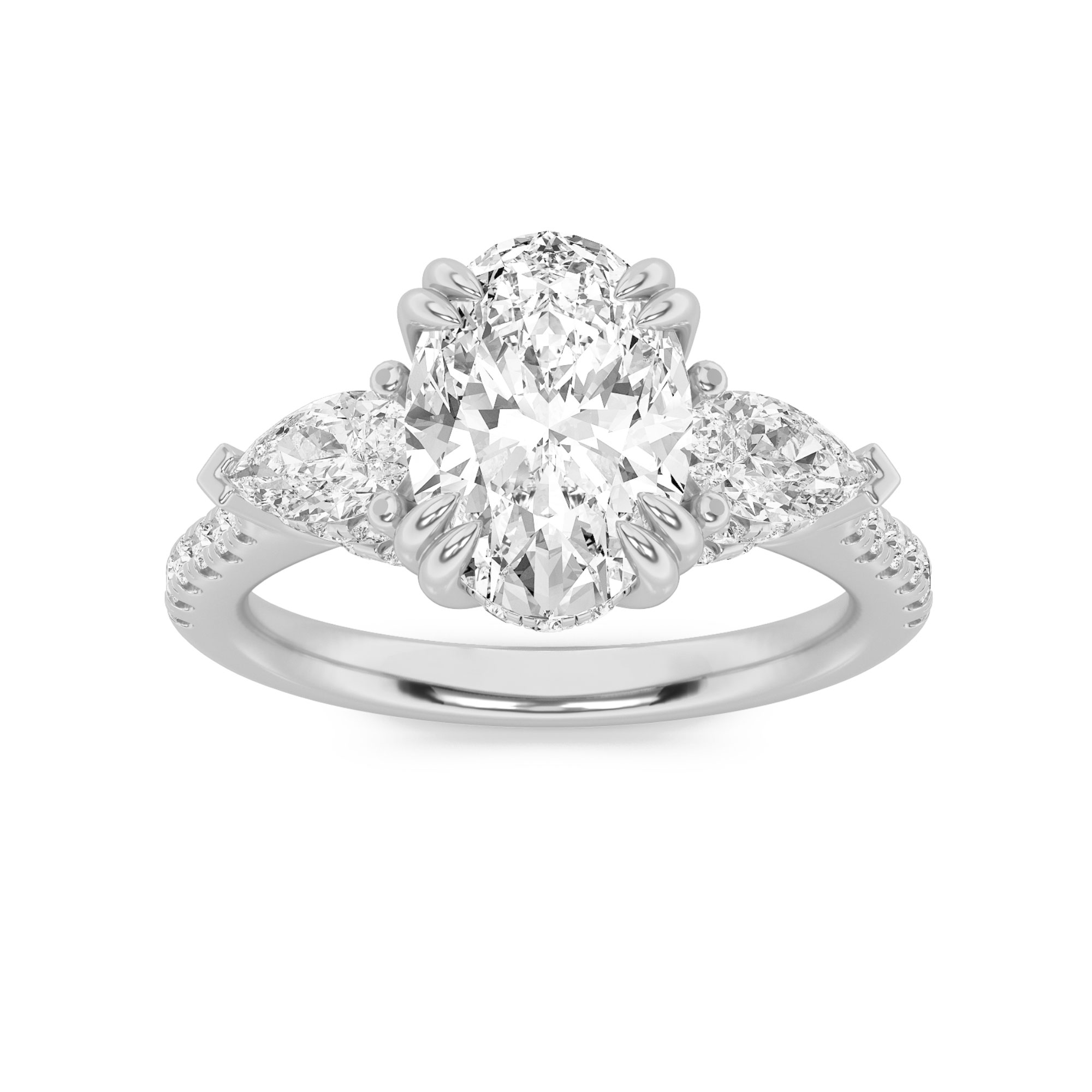 3Cttw Oval Shaped Lab Grown Diamond (F/VS) Three Stone Accented Engagement Ring in 14K Gold