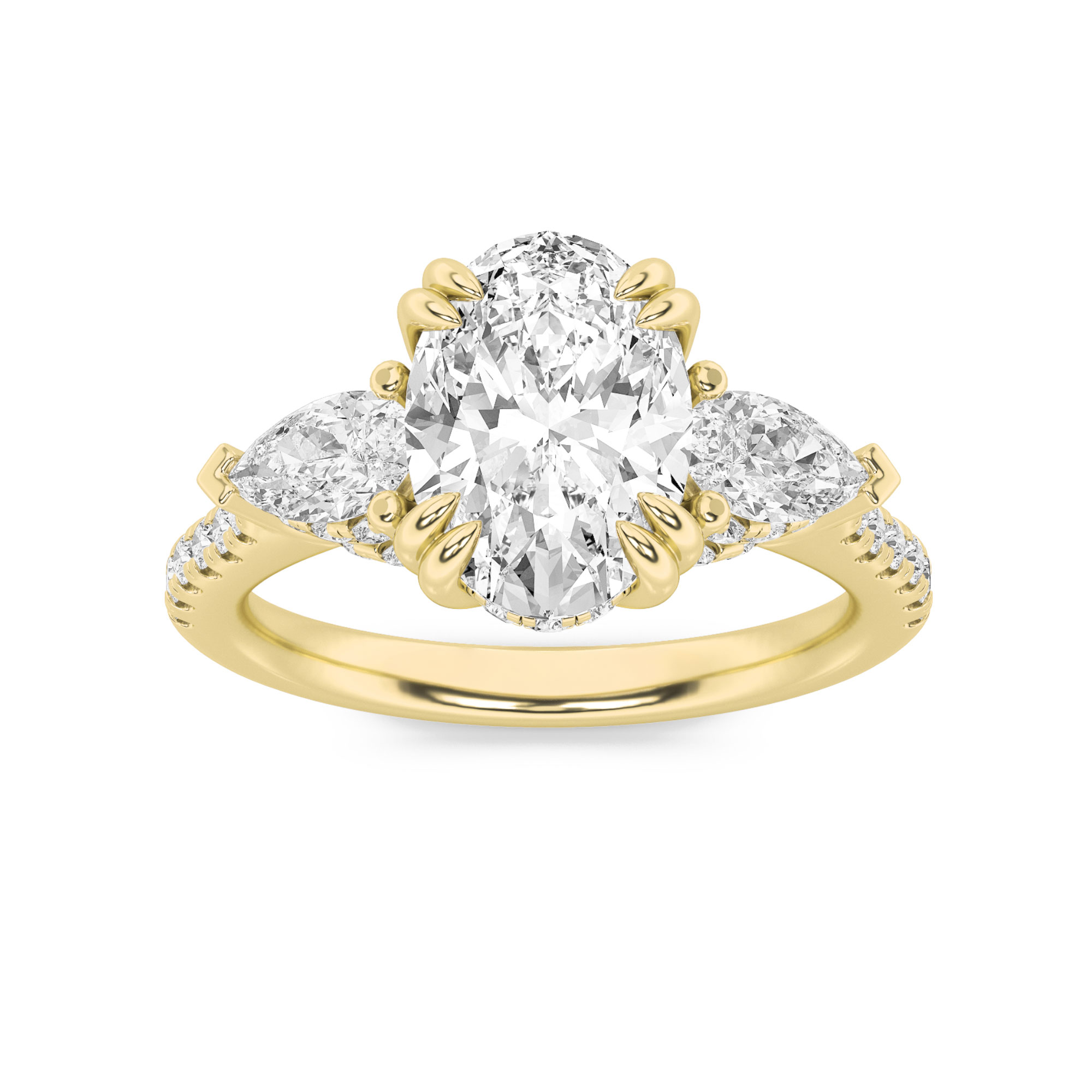 3Cttw Oval Shaped Lab Grown Diamond (F/VS) Three Stone Accented Engagement Ring in 14K Gold