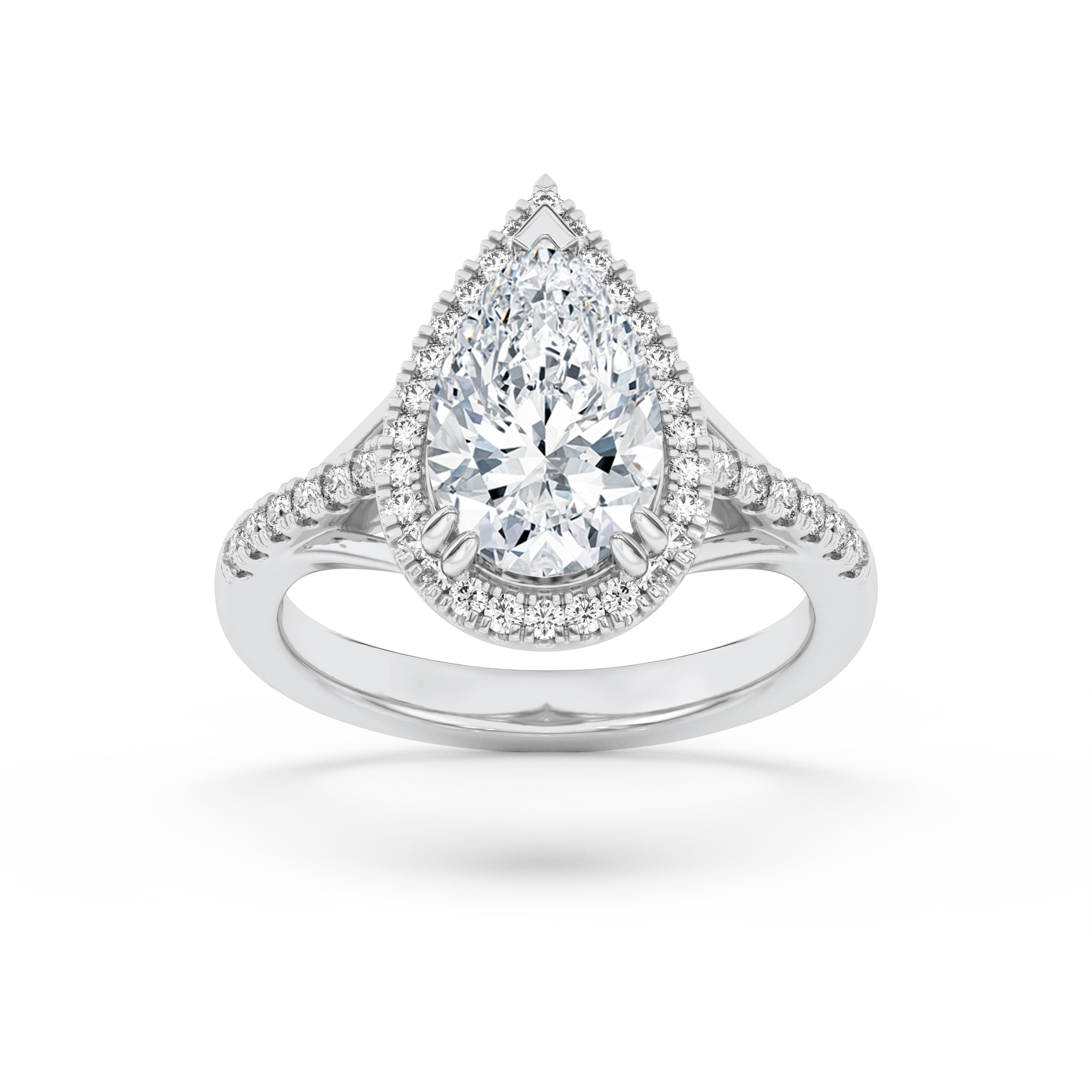 3Cttw Pear Shaped Lab Grown Diamond (F/VS) Halo Accented Engagement Ring in 14K Gold