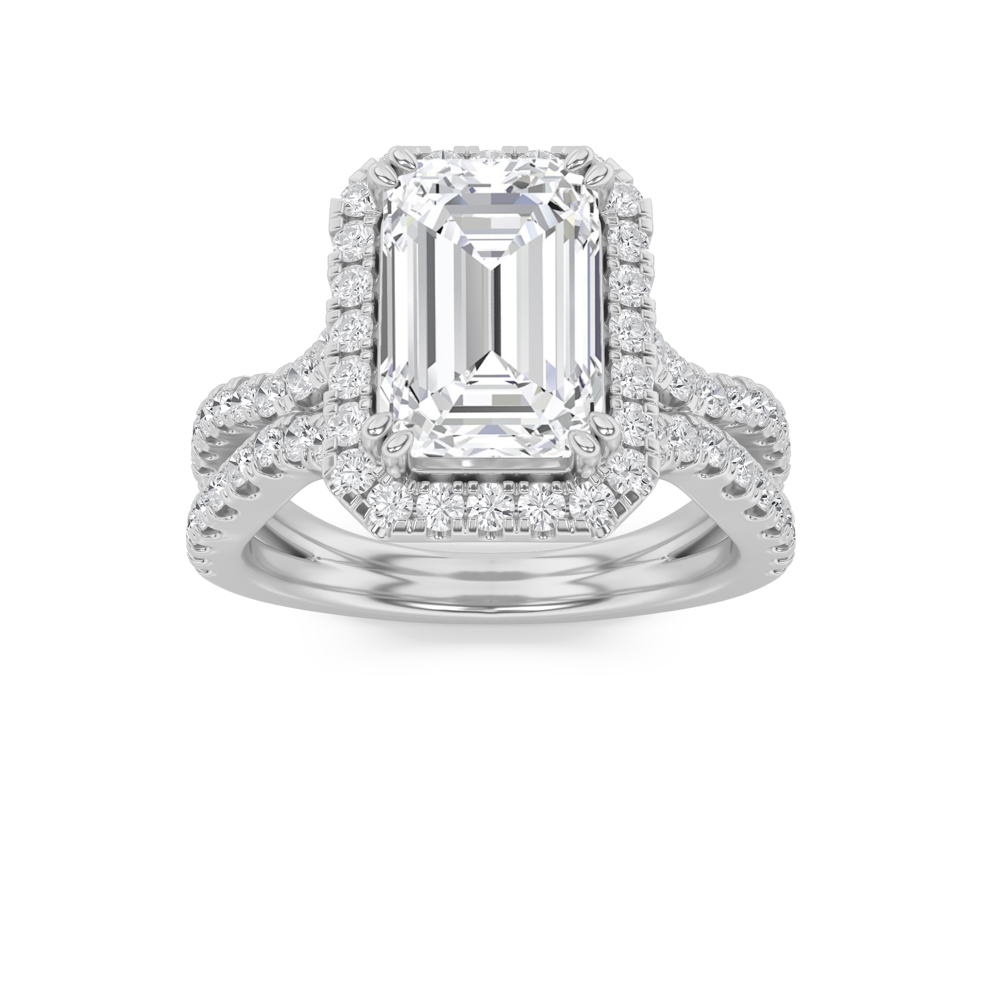 4Cttw Emerald Shaped Lab Grown Diamond (F/VS) Split Shank Halo Engagement Ring in 14K Gold