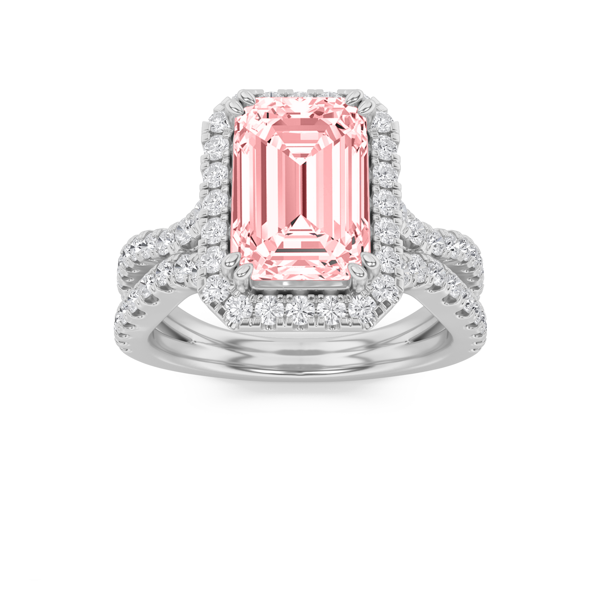 4Cttw Emerald Shaped Lab Grown Diamond (F/VS) Split Shank Halo Engagement Ring in 14K Gold