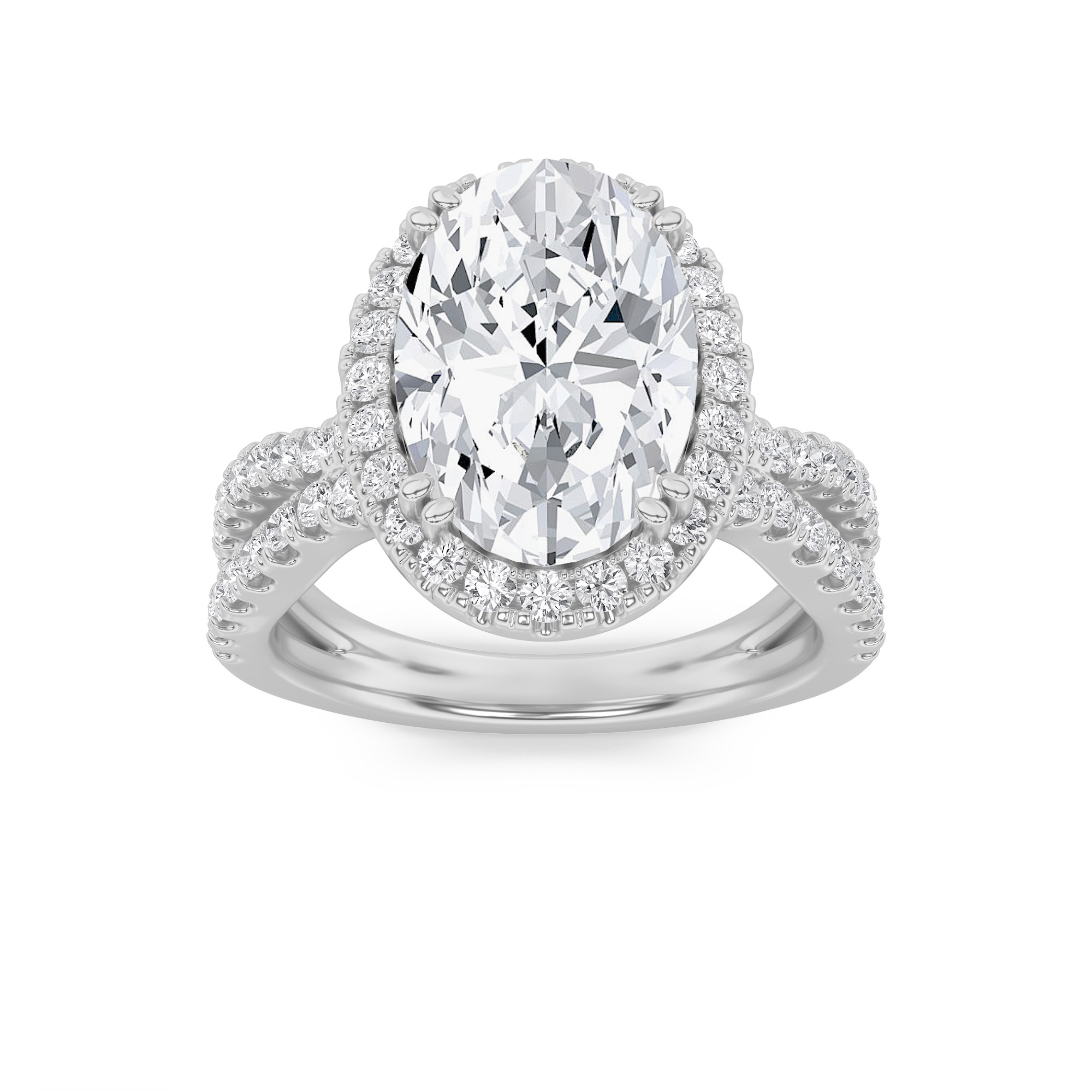 4Cttw Oval Shaped Lab Grown Diamond (F/VS) Split Shank Halo Engagement Ring in 14K Gold