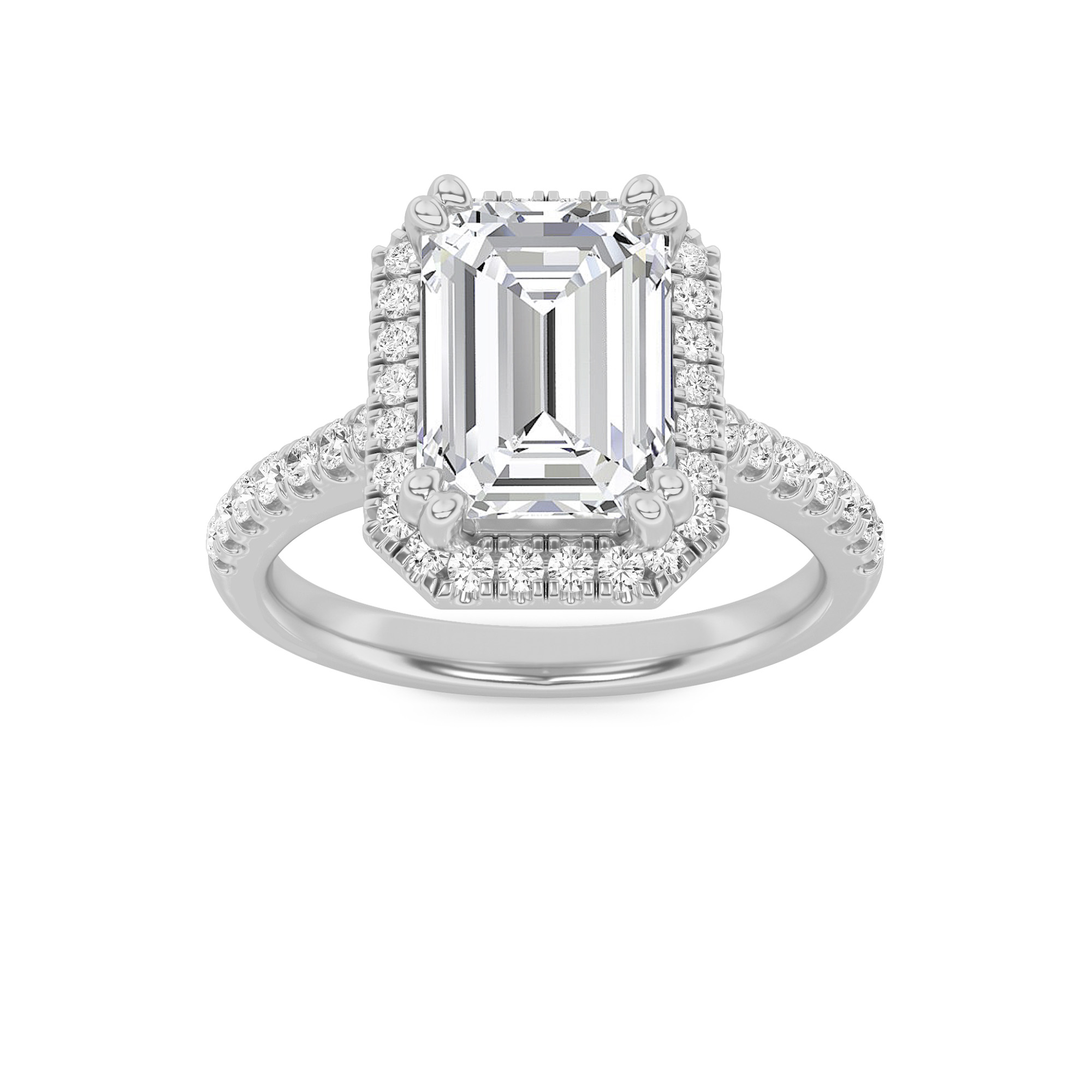 3Cttw Emerald Shaped Lab Grown Diamond (F/VS) Classic Halo Accented Engagement Ring in 14K Gold