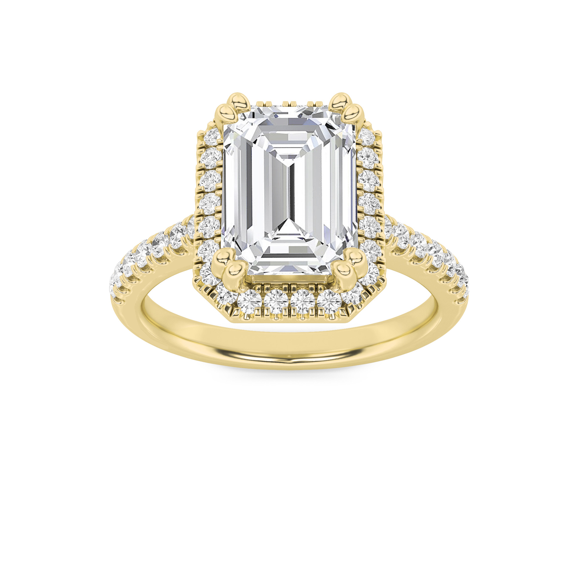 3Cttw Emerald Shaped Lab Grown Diamond (F/VS) Classic Halo Accented Engagement Ring in 14K Gold