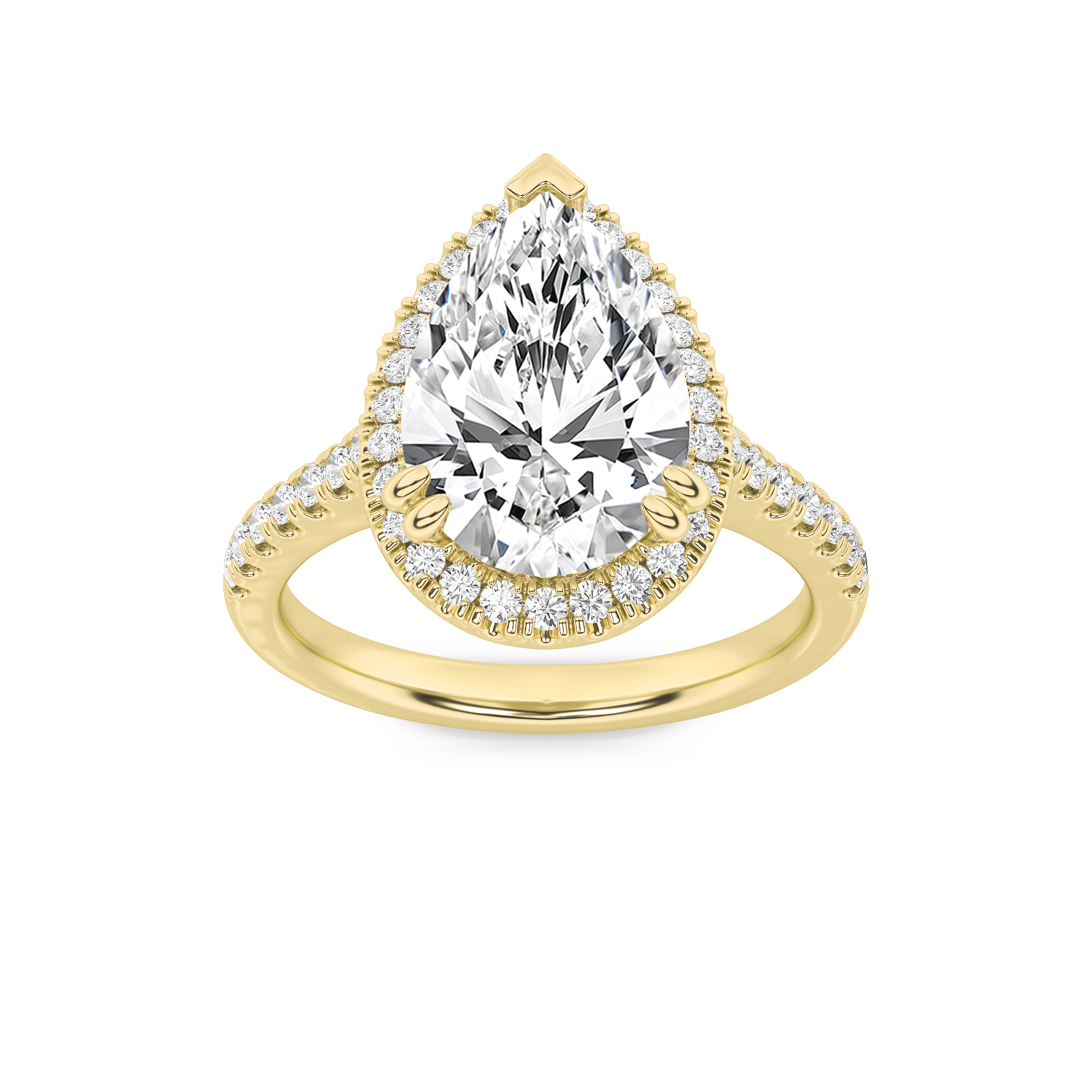 3Cttw Pear Shaped Lab Grown Diamond (F/VS) Classic Halo Accented Engagement Ring in 14K Gold