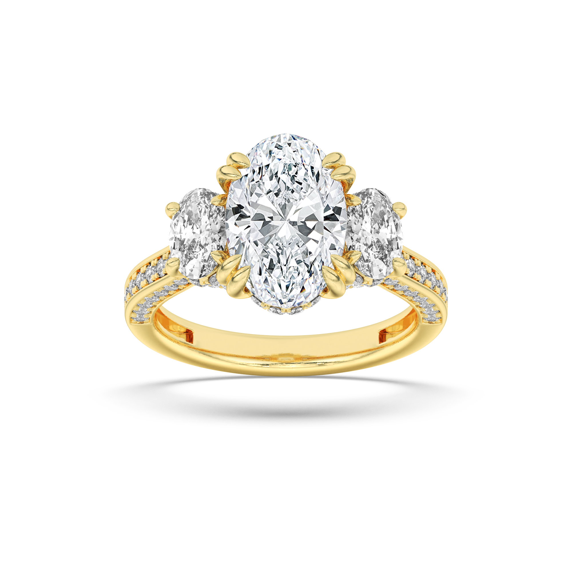5Cttw Oval Shaped Lab Grown Diamond (F/VS) Three Stone Accented Engagement Ring in 14K Gold