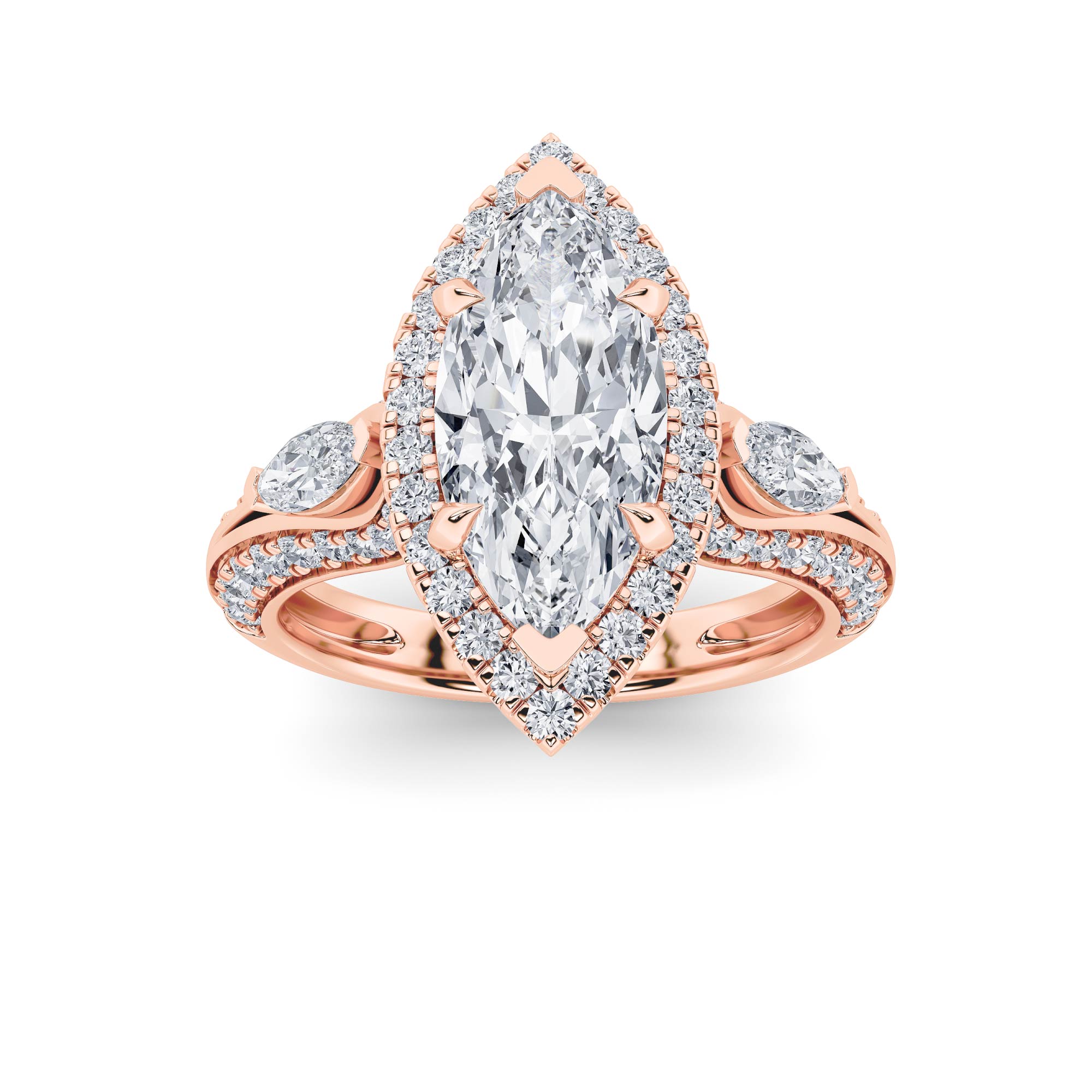 3Cttw Marquise Shaped Lab Grown Diamond (F/VS) Three Stone Halo Enagement Ring in 14K Gold