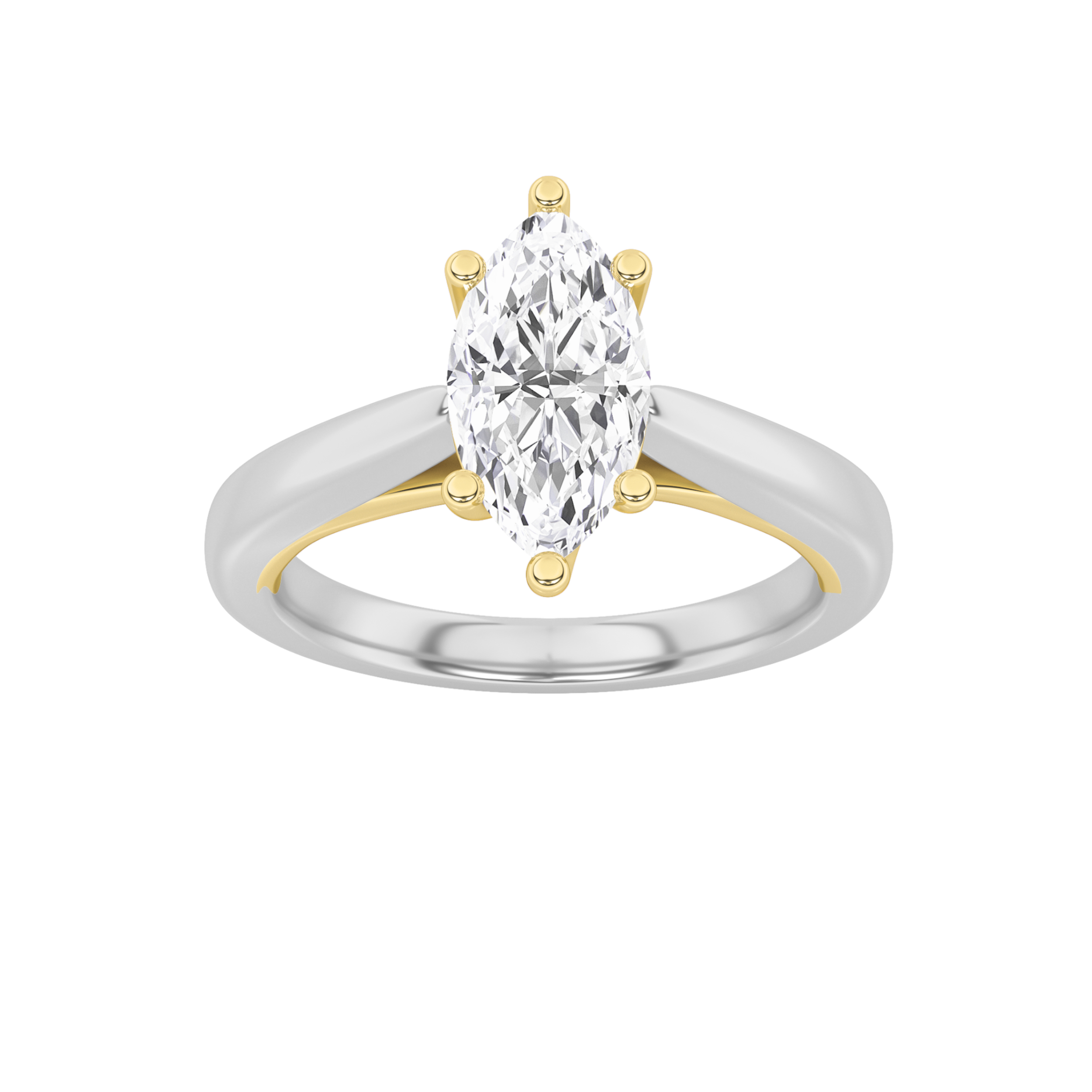 1Cttw Marquise Shaped Lab Grown Diamond (F/VS) Two Tone Six Prong Engagement Ring in 14K Gold