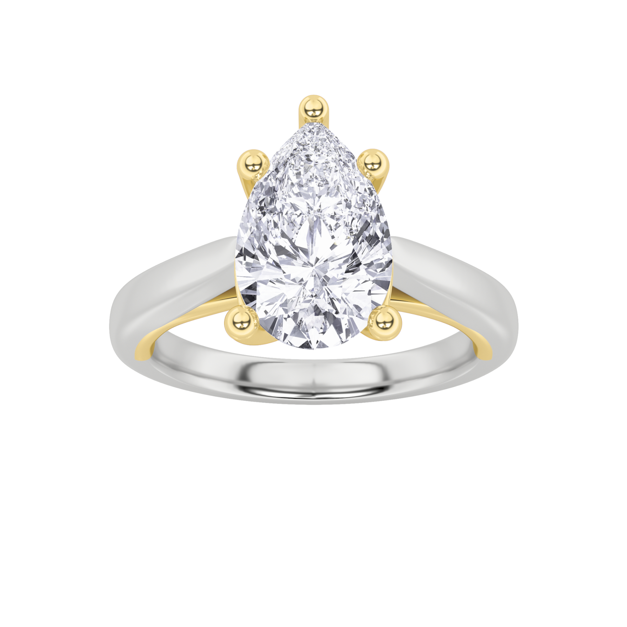 2Cttw Pear Shaped Lab Grown Diamond (F/VS) Two Tone Cathedral Shank Engagement Ring in 14K Gold