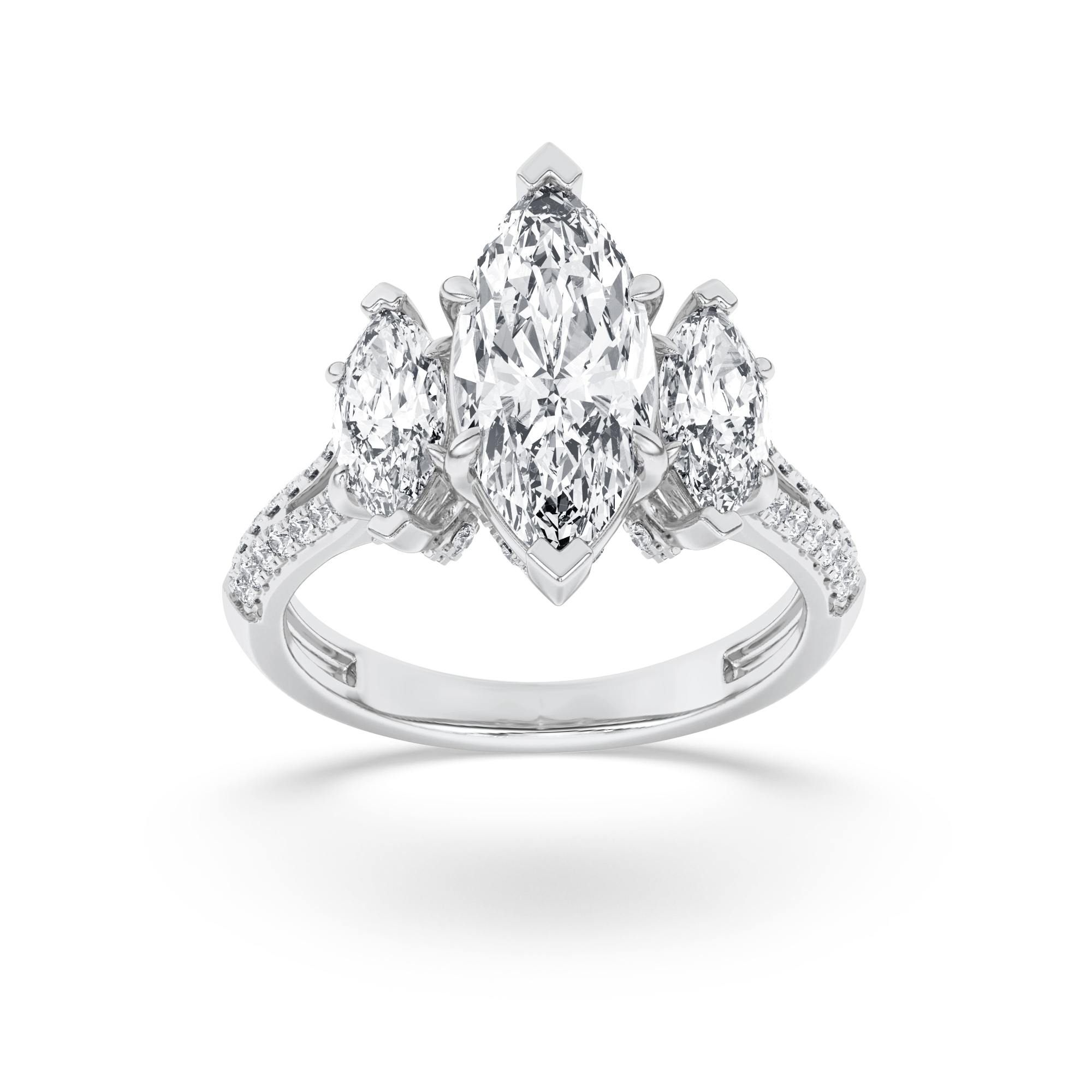 4Cttw Marquise Shaped Lab Grown Diamond (F/VS) Three Stone Accented Engagement Ring in 14K Gold