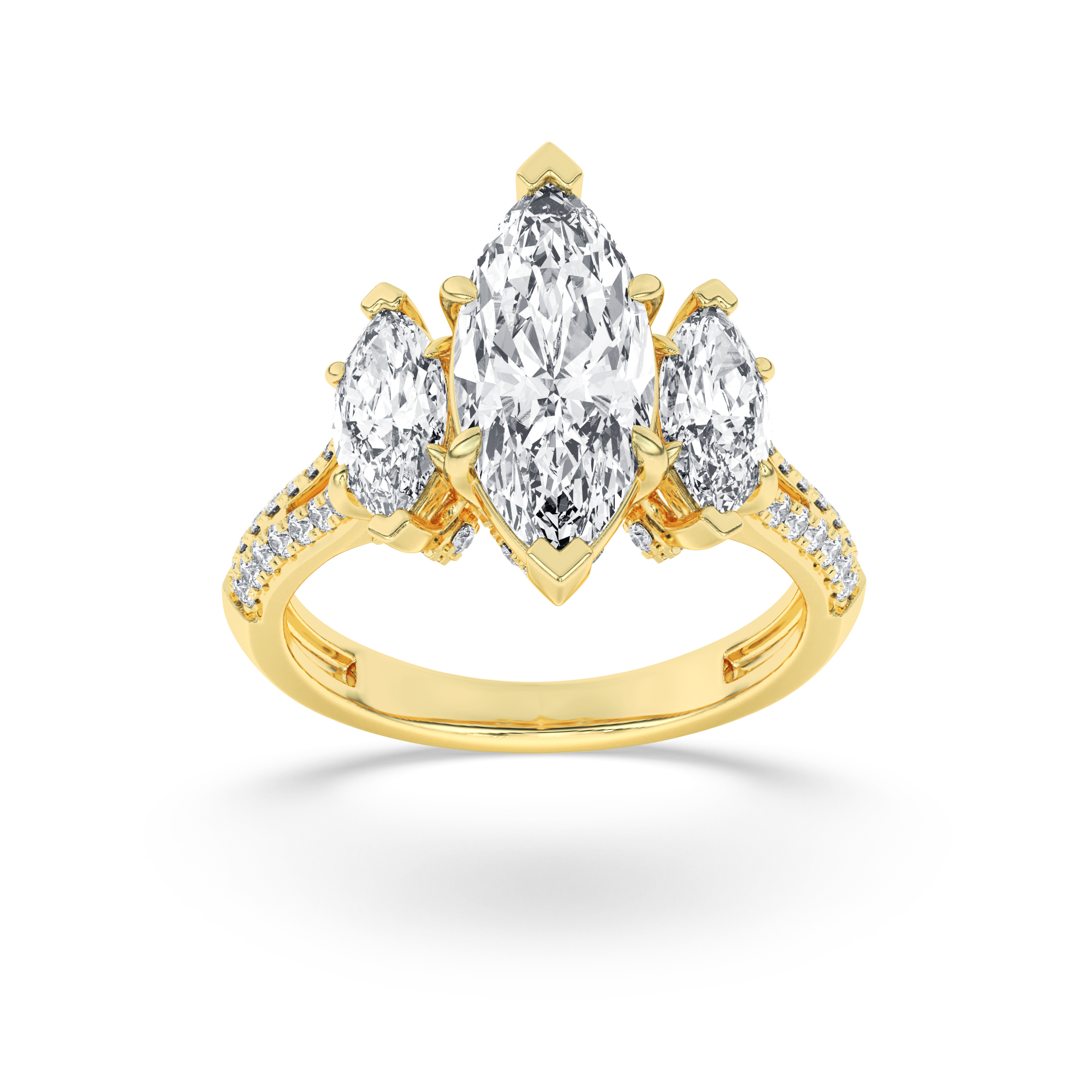 4Cttw Marquise Shaped Lab Grown Diamond (F/VS) Three Stone Accented Engagement Ring in 14K Gold