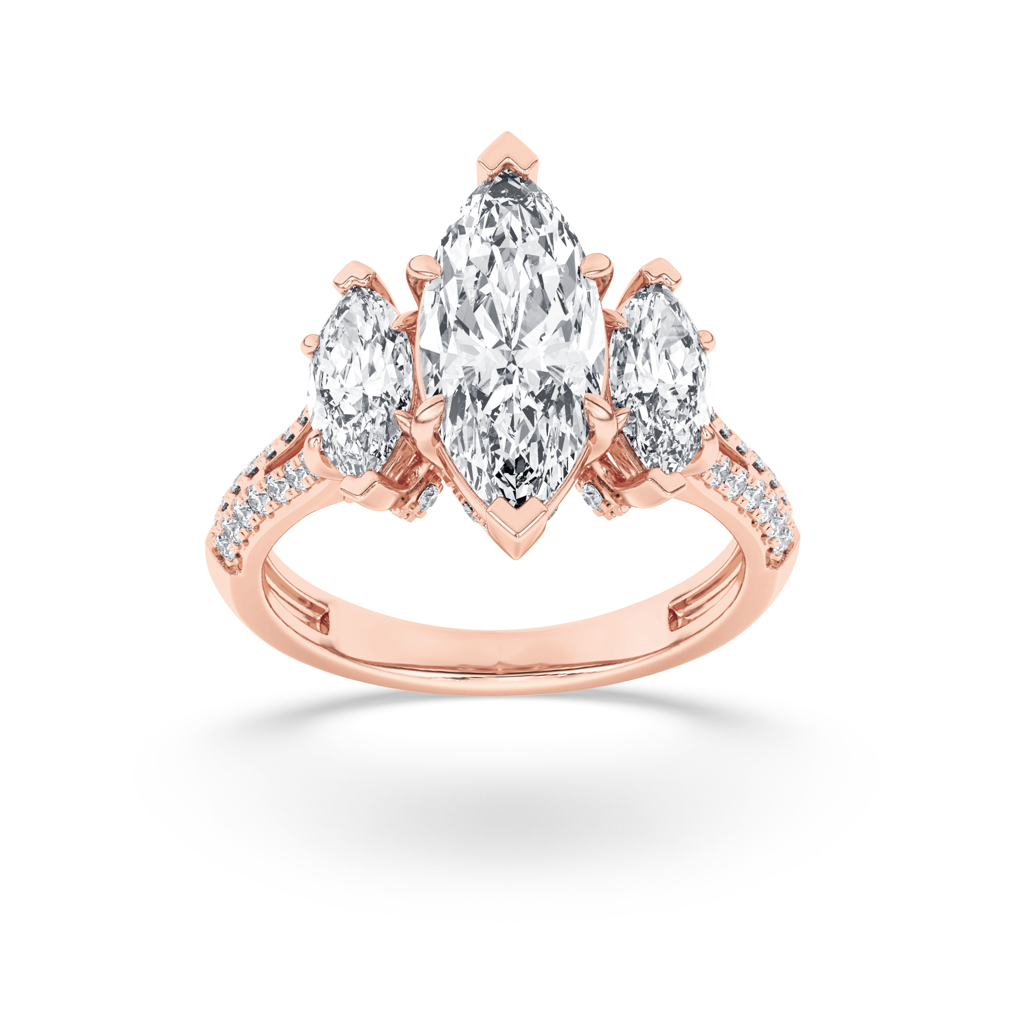 4Cttw Marquise Shaped Lab Grown Diamond (F/VS) Three Stone Accented Engagement Ring in 14K Gold