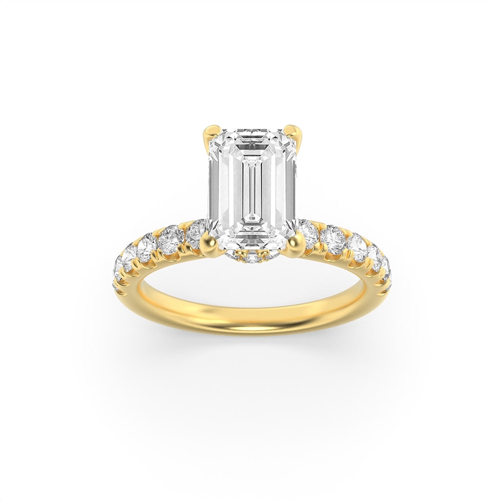 2Cttw Emerald Shaped Lab Grown Diamond (F/VS) Hidden Halo Accented Ring in 14K Gold