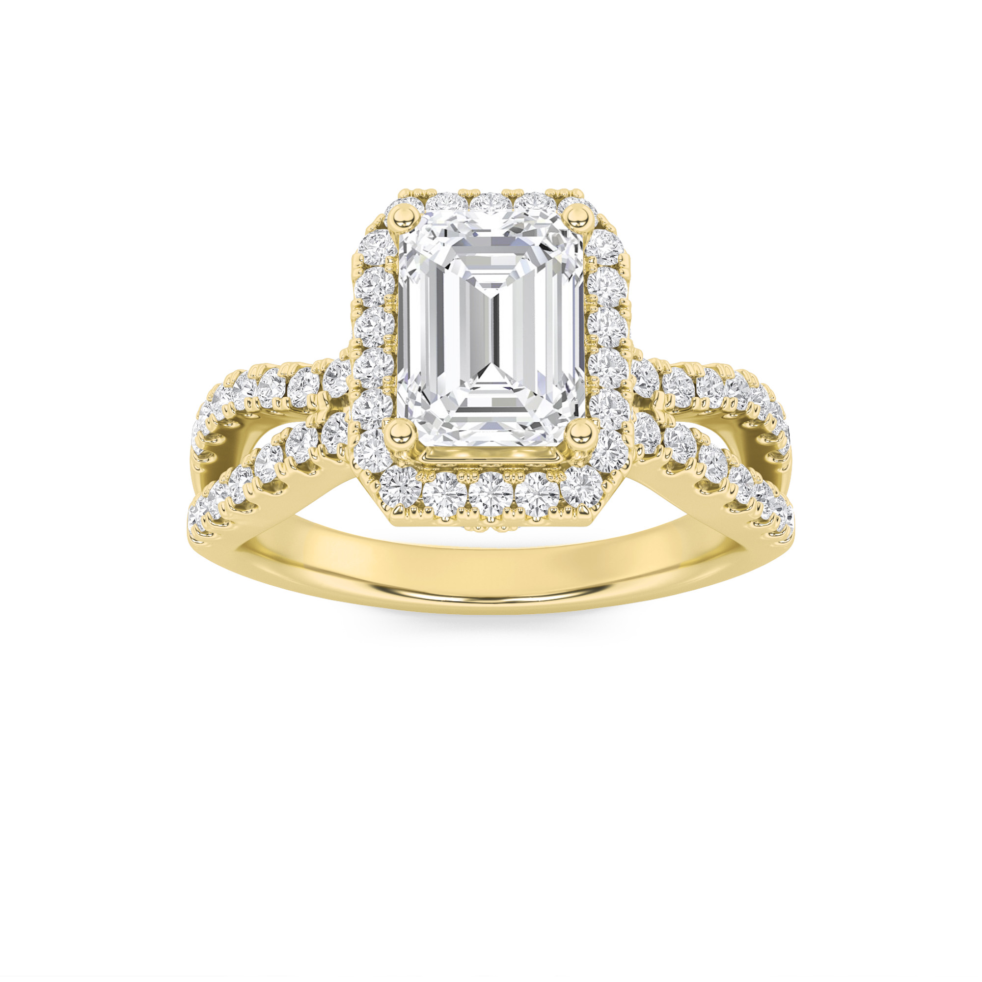 2Cttw Emerald Shaped Lab Grown Diamond (F/VS) Split Shank Halo Accented Engagement Ring in 14K Gold