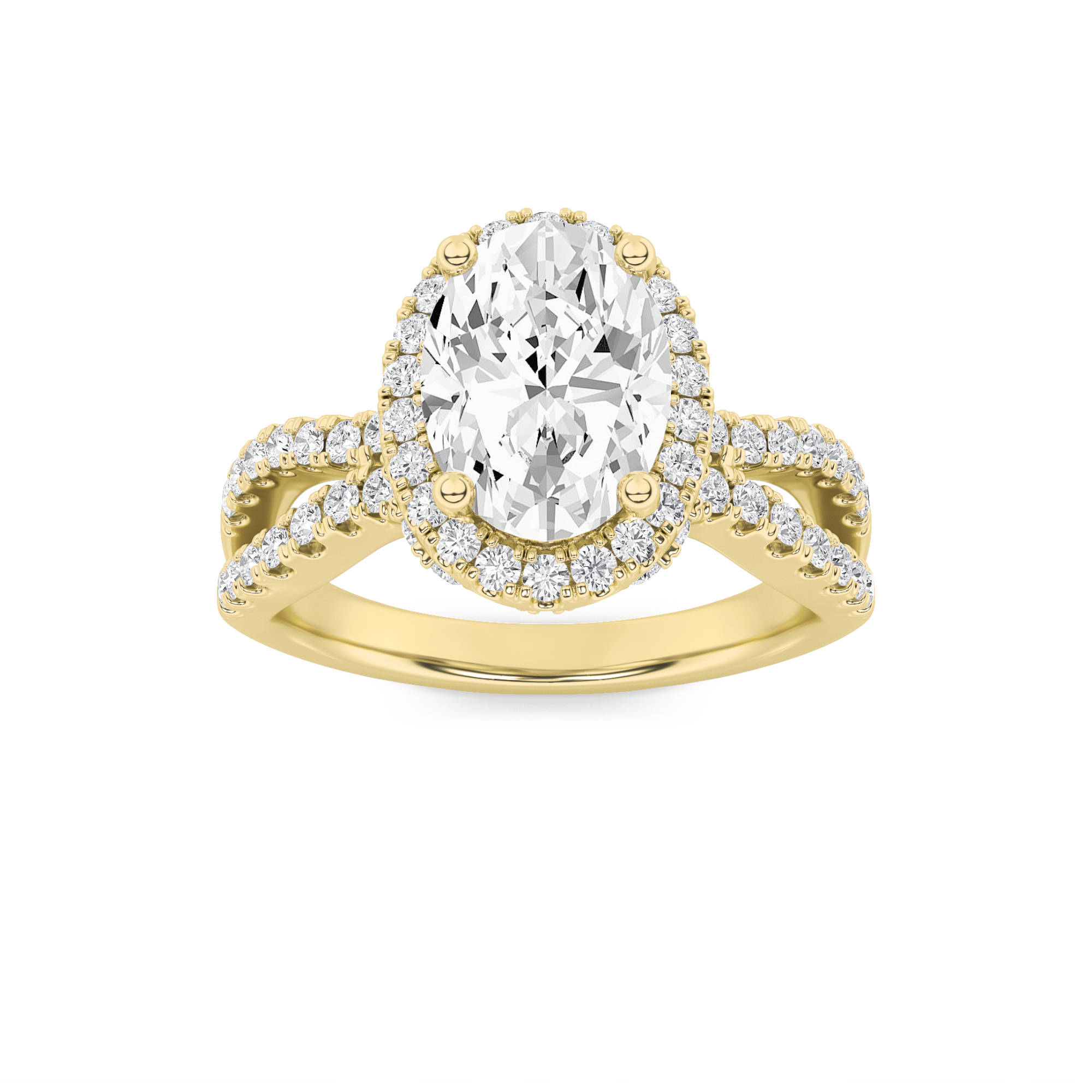 2Cttw Oval Shaped Lab Grown Diamond (F/VS) Split Shank Halo Accented Engagement Ring in 14K Gold