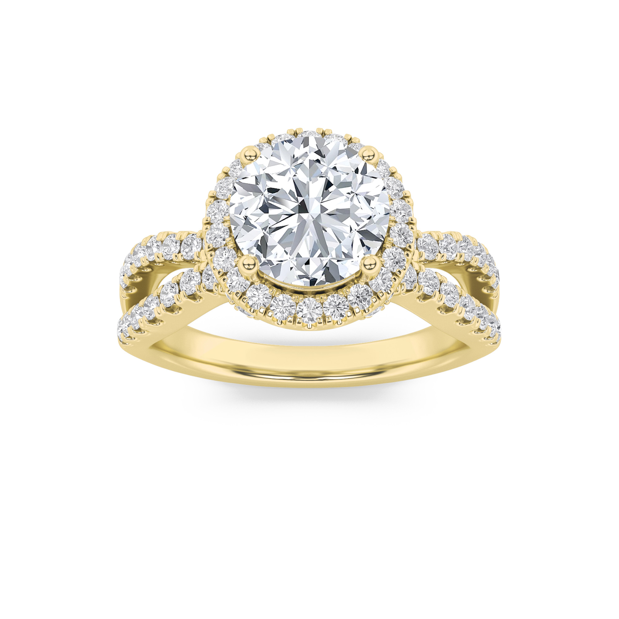 2Cttw Round Shaped Lab Grown Diamond (F/VS) Split Shank Halo Accented Engagement Ring in 14K Gold