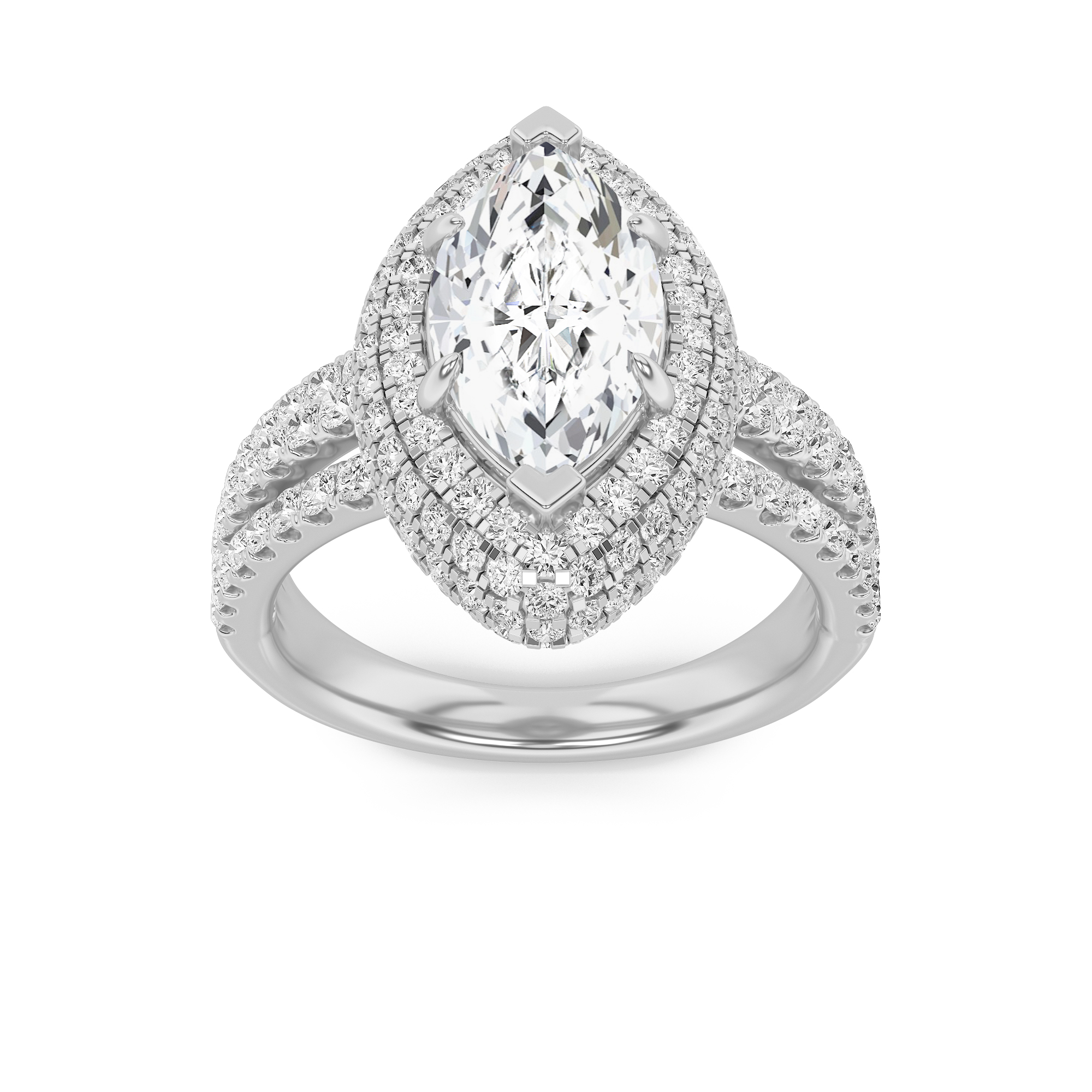 3Cttw Marquise Shaped Lab Grown Diamond (F/VS) Three Row Accented Halo Engagement Ring in 14K Gold