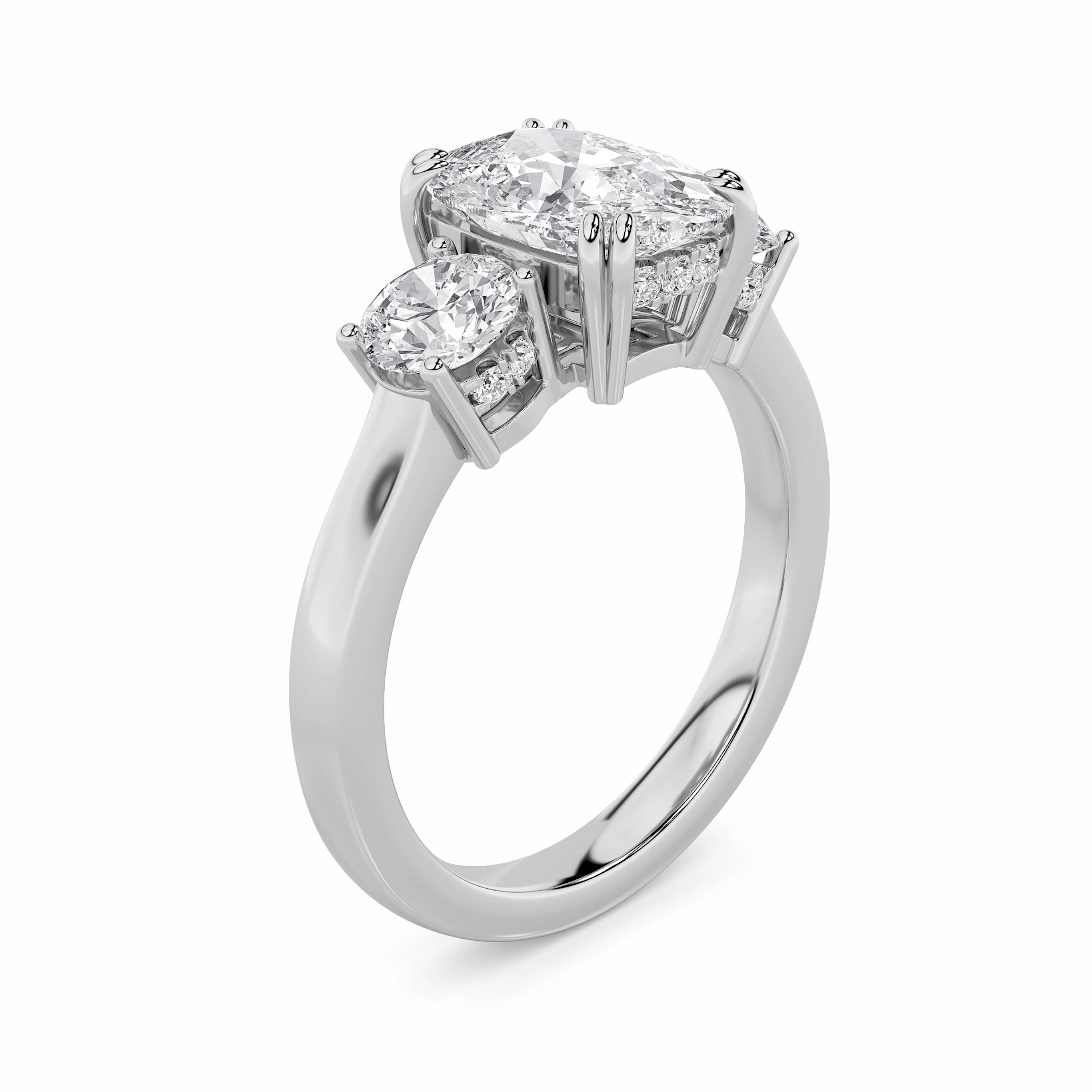 3Cttw Elongated Cushion Shaped Lab Grown Diamond (F/VS) Accented Three Stone Ring in 14K Gold
