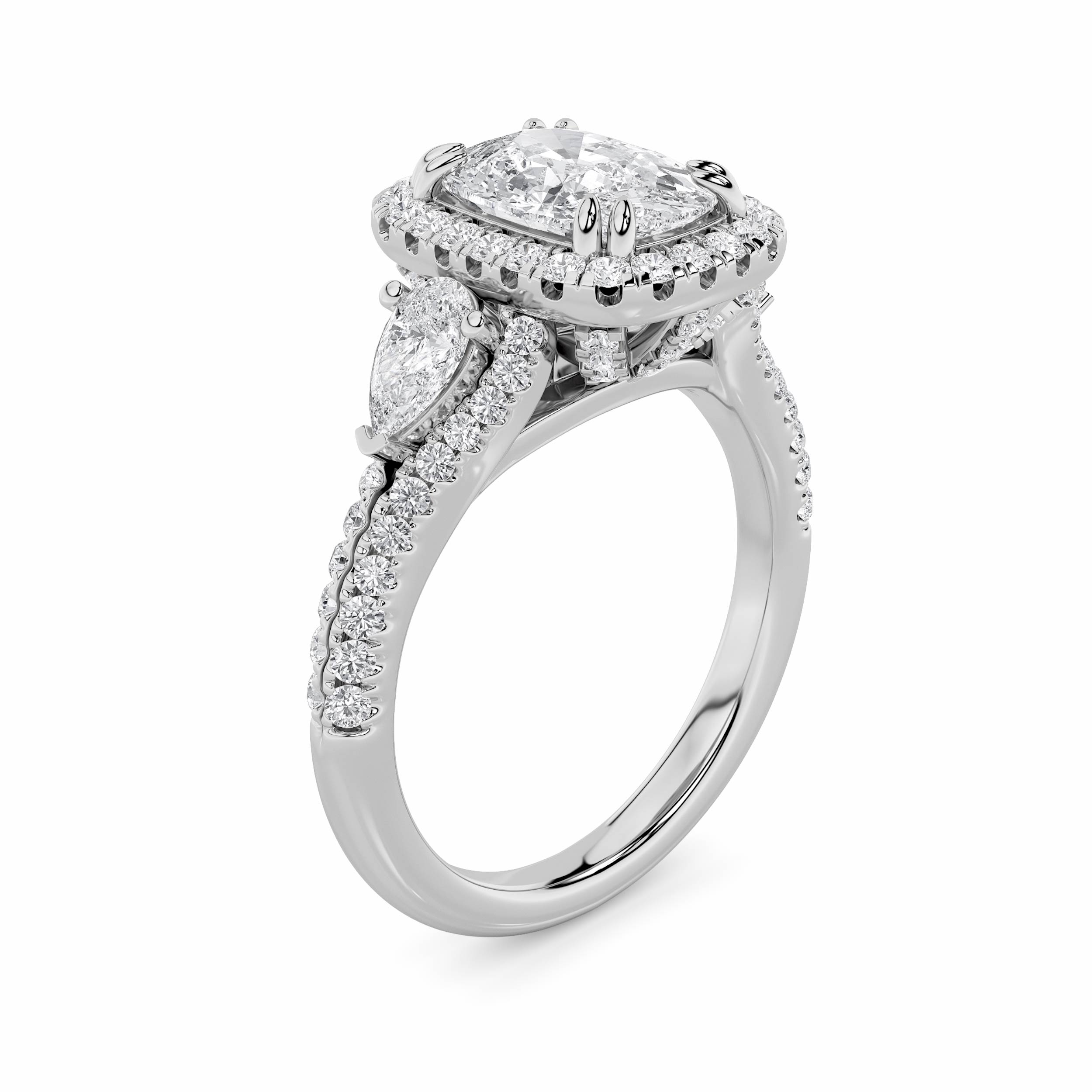 3Cttw Elongated Cushion Shaped Lab Grown Diamond (F/VS) Accented Three Stone Ring in 14K Gold