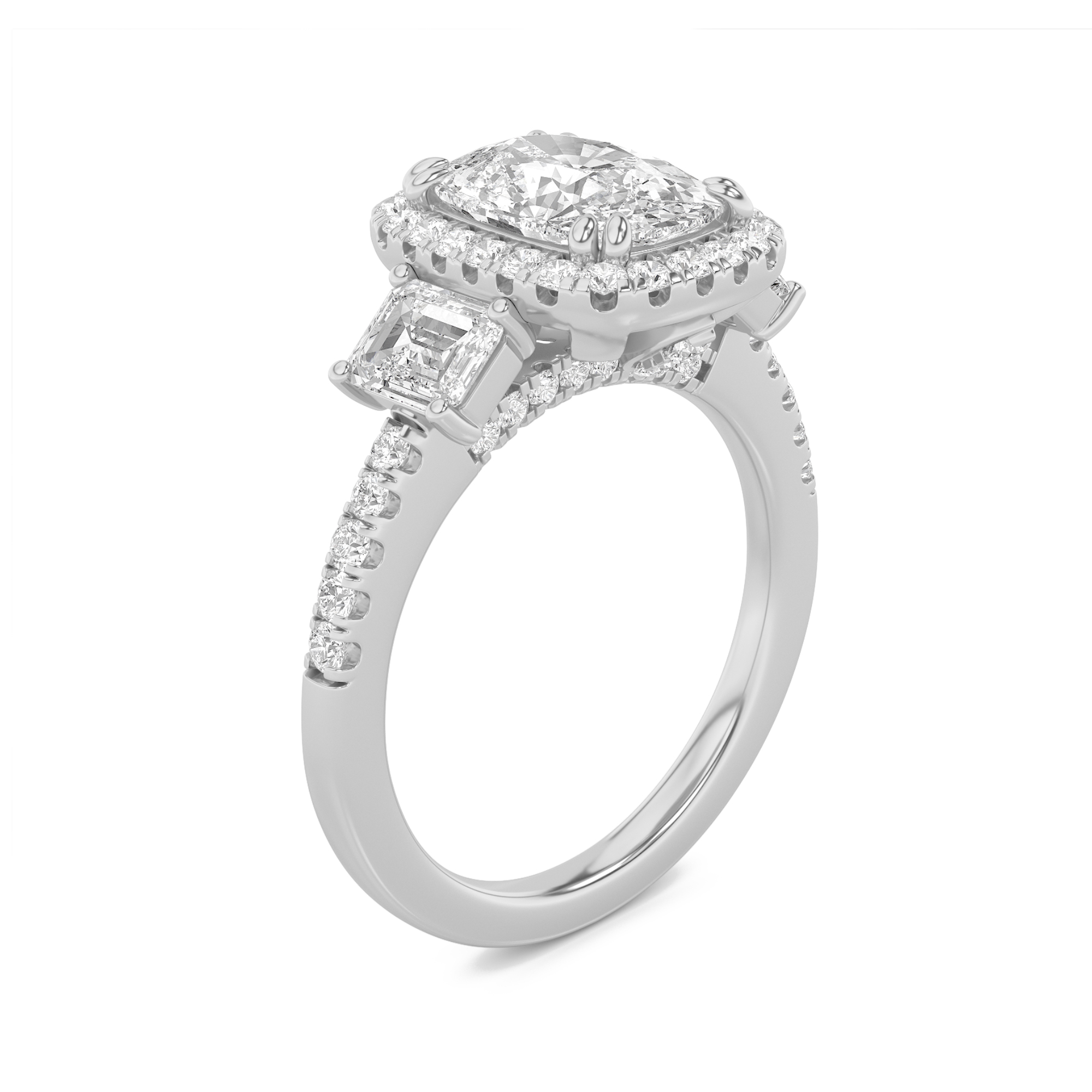 3Cttw Elongated Cushion Shaped Lab Grown Diamond (F/VS) Accented Three Stone Ring in 14K Gold