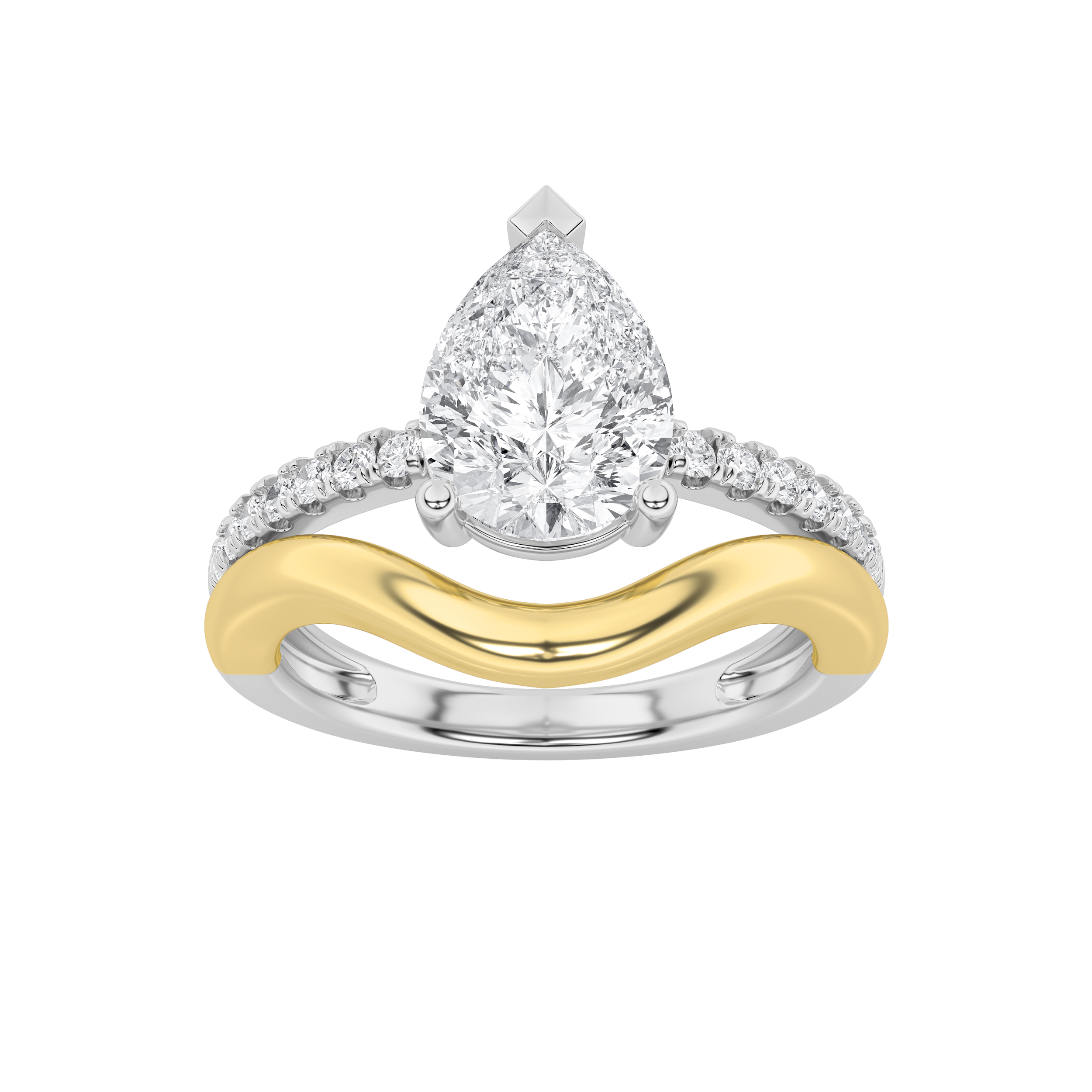 2Cttw Pear Shaped Lab Grown Diamond (F/VS) Two Tone Wave Inspired Engagement Ring in 14K Gold