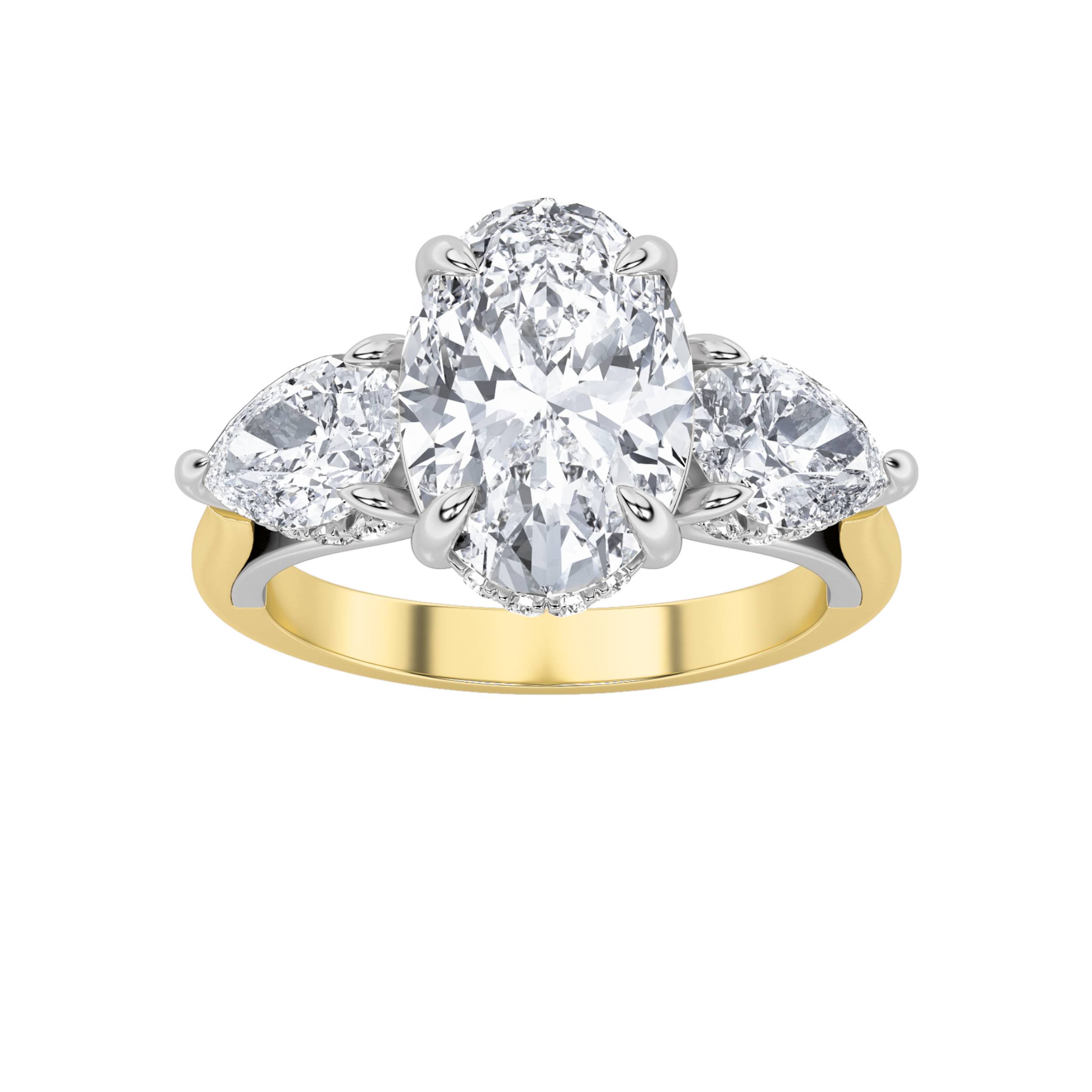 4Cttw Oval Shaped Lab Grown Diamond (F/VS) Accented Three Stone Ring in 14K Gold