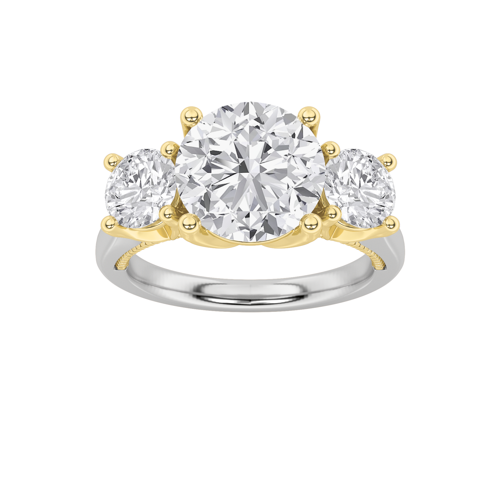 4Cttw Round Shaped Lab Grown Diamond (F/VS) Accented Three Stone Ring in 14K Gold