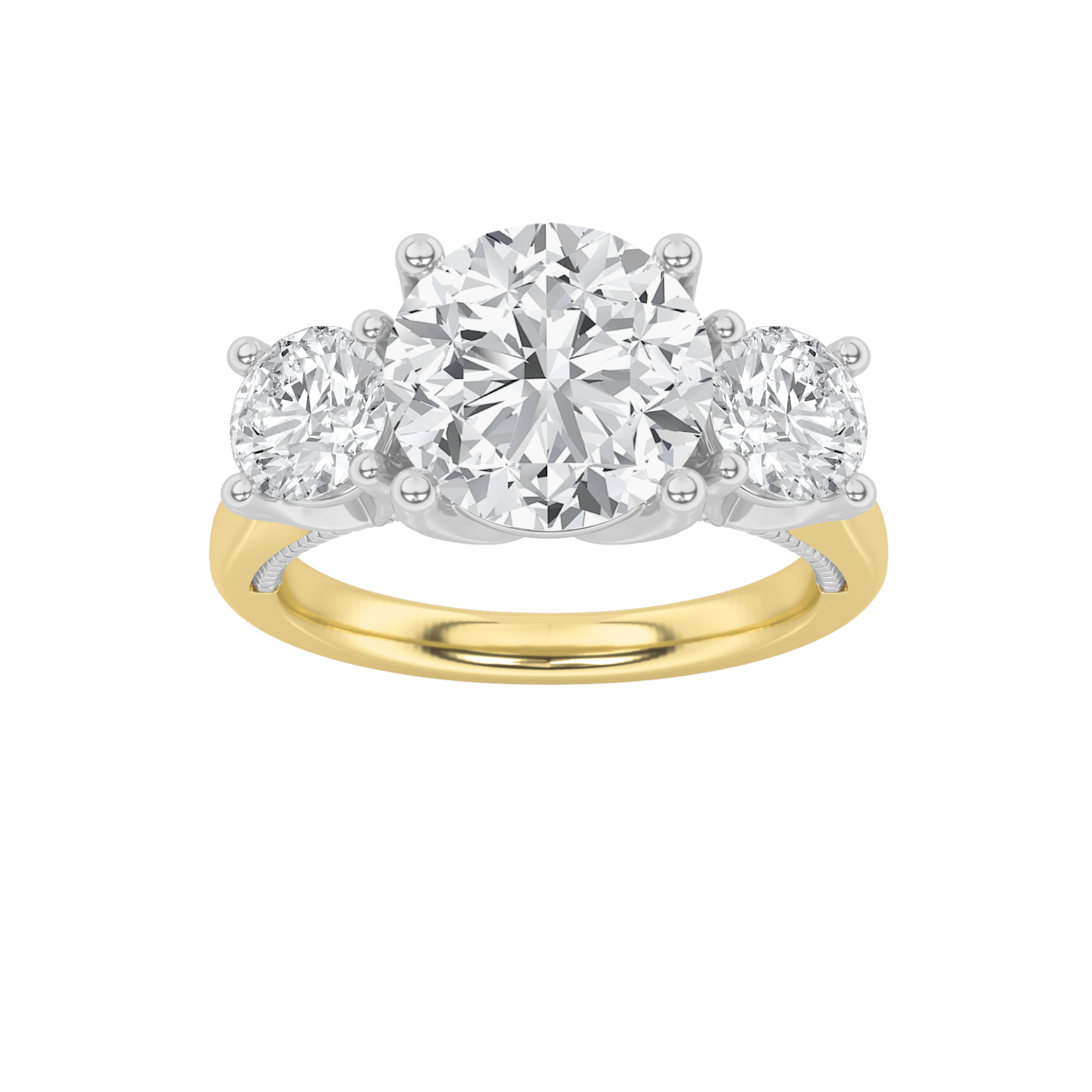 4Cttw Round Shaped Lab Grown Diamond (F/VS) Accented Three Stone Ring in 14K Gold