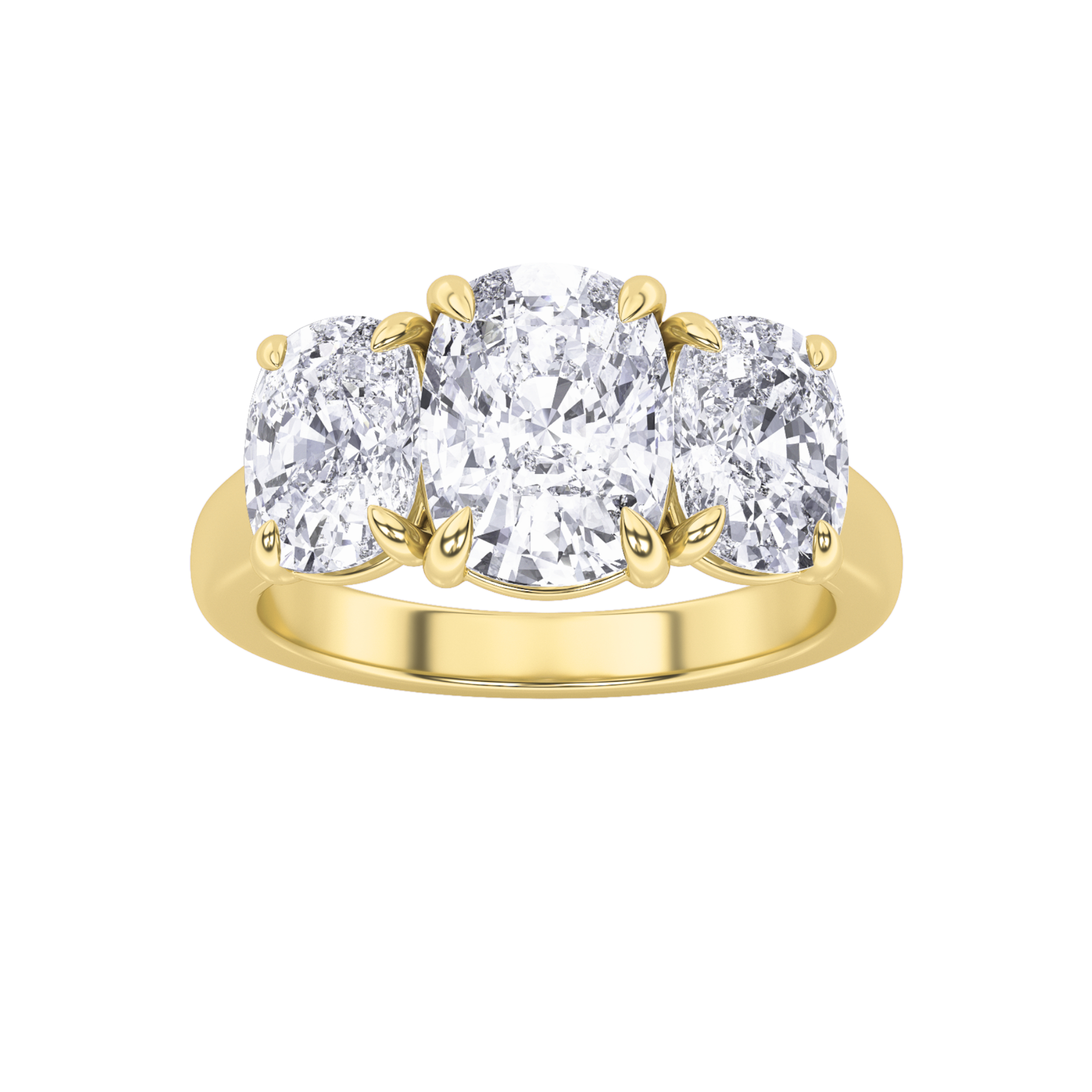4Cttw Elongated Cushion Shaped Lab Grown Diamond (F/VS) Three Stone Ring in 14K Gold