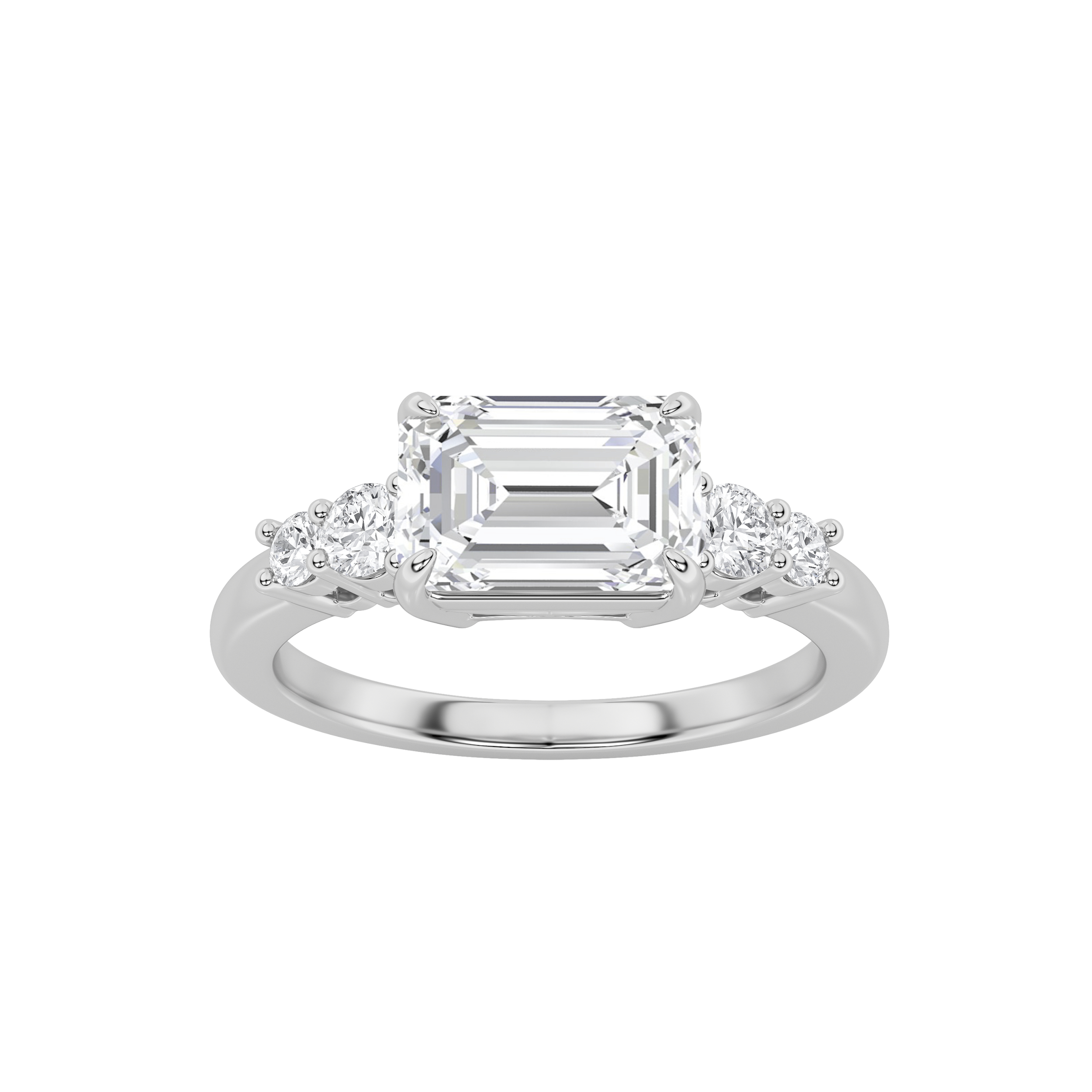 1.5Cttw Emerald Shaped Lab Grown Diamond (F/VS) East West Accented Three Stone Ring in 14K Gold