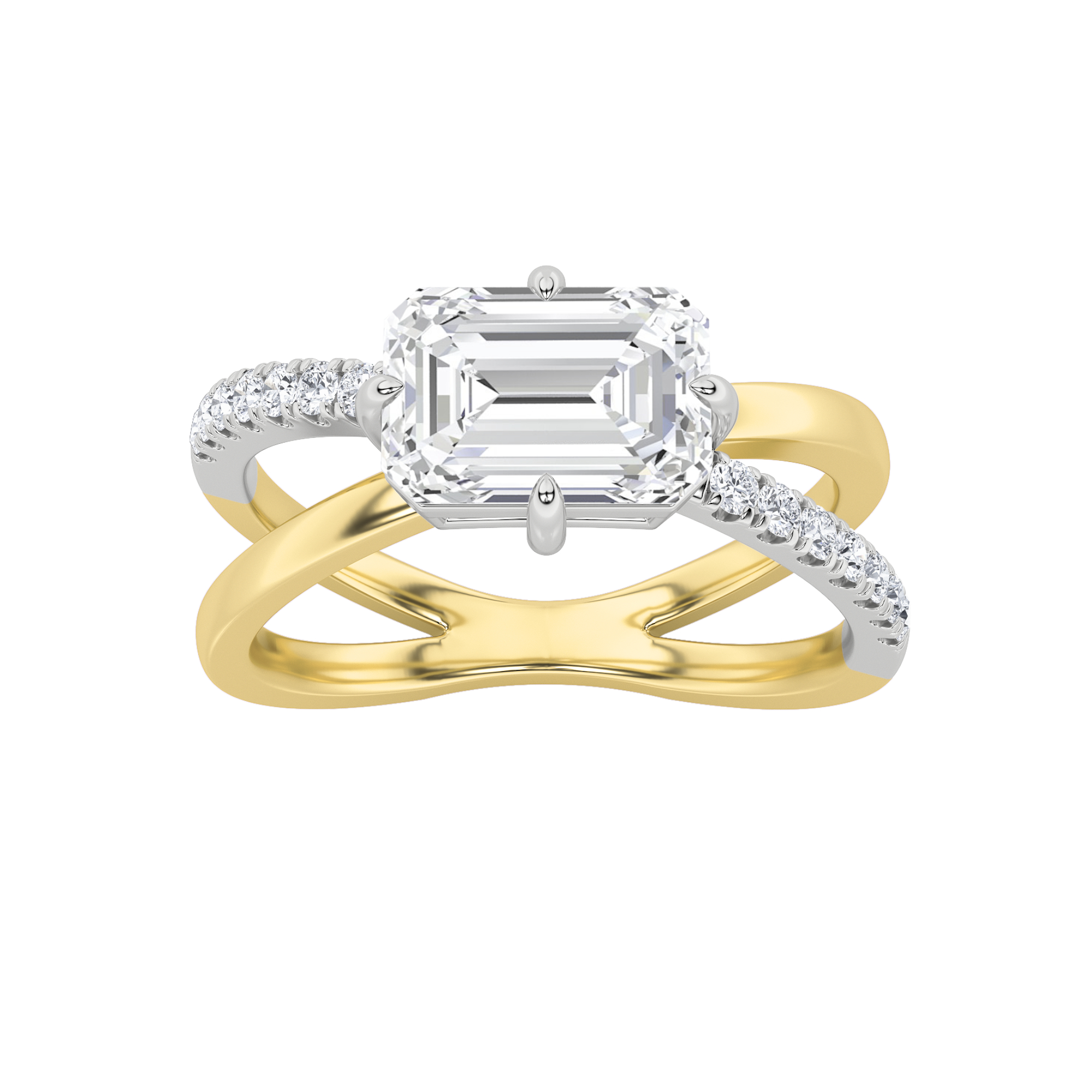 2Cttw Emerald Shaped Lab Grown Diamond (F/VS) East West Accented Solitaire Ring in 14K Gold