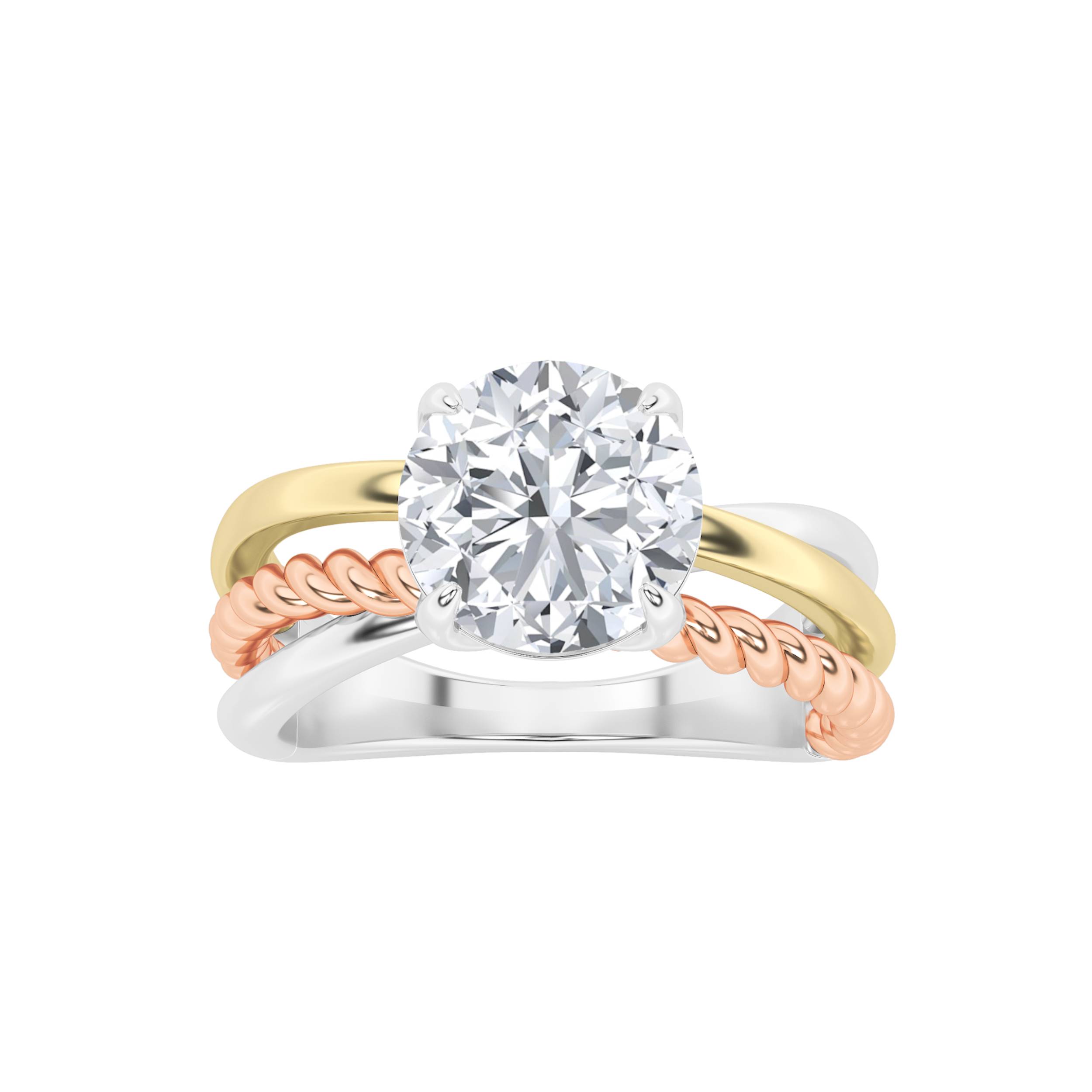 2Cttw Round Shaped Lab Grown Diamond (F/VS) Tri Color Solitaire Engagement Ring in 14K Gold