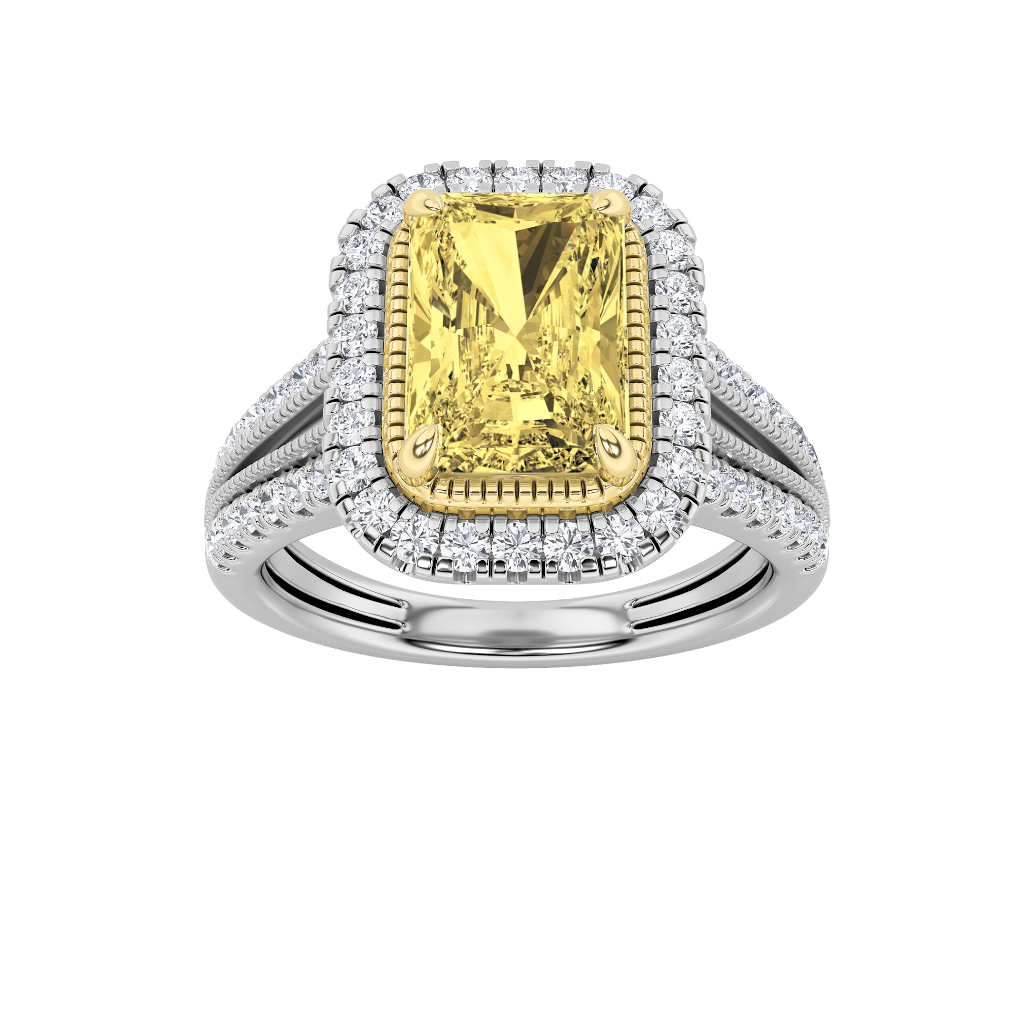 2.5Cttw Radiant Shaped Fancy Yellow Lab Grown Diamond (F/VS) Split Shank Halo Engagement Ring in 14K Gold