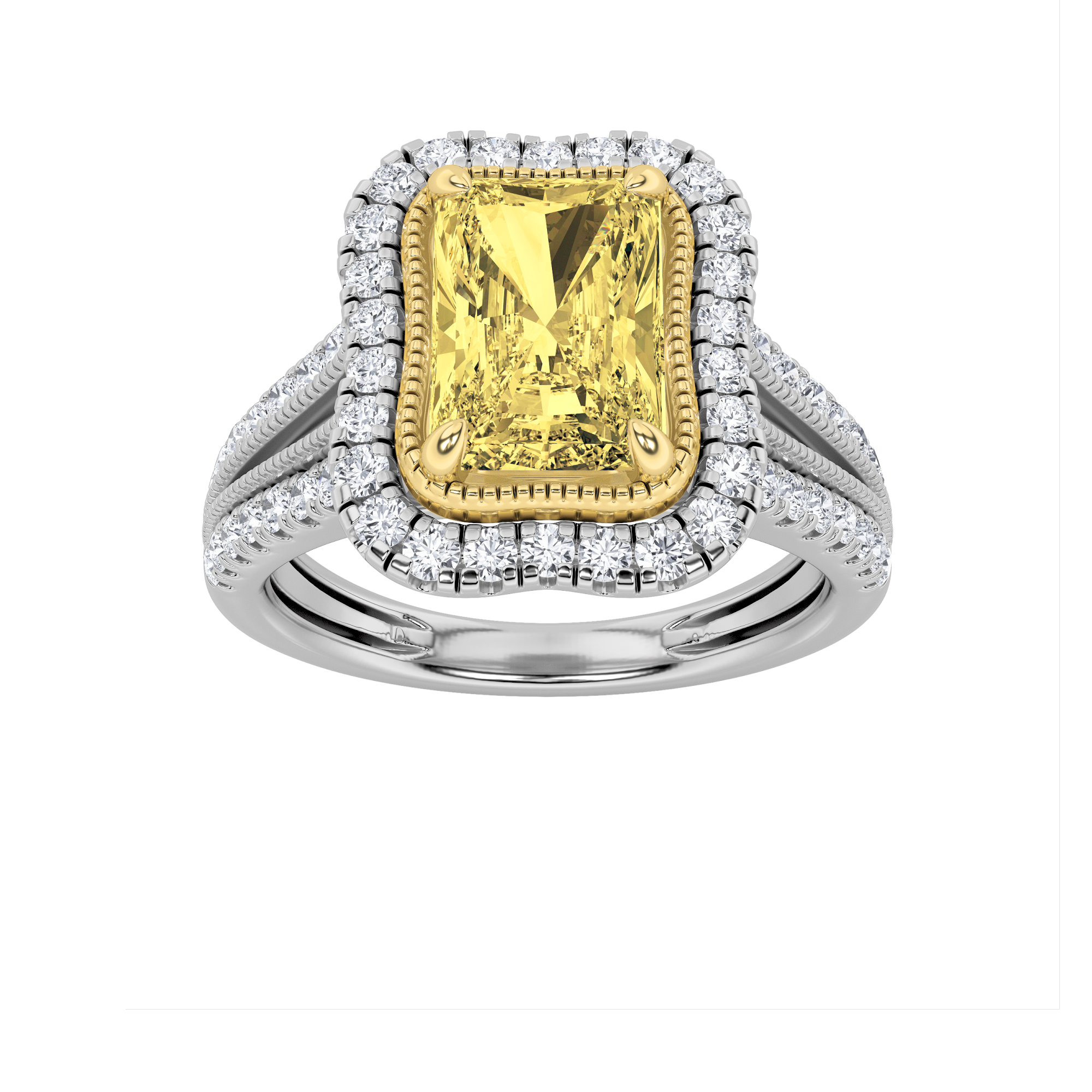2.5Cttw Radiant Shaped Fancy Yellow Lab Grown Diamond (F/VS) Split Shank Halo Engagement Ring in 14K Gold