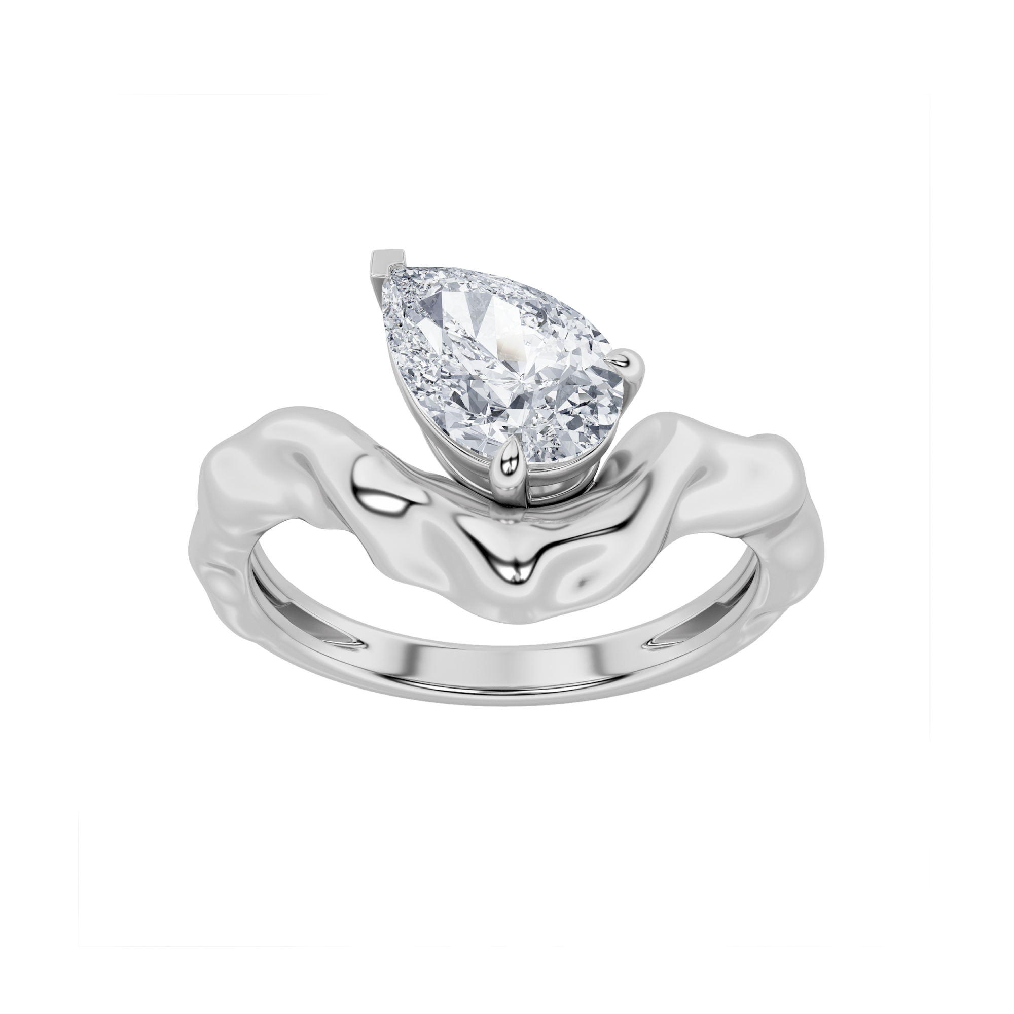 1Cttw Pear Shaped Lab Grown Diamond (F/VS) Organic Design Solitaire Engagement Ring in 14K Gold