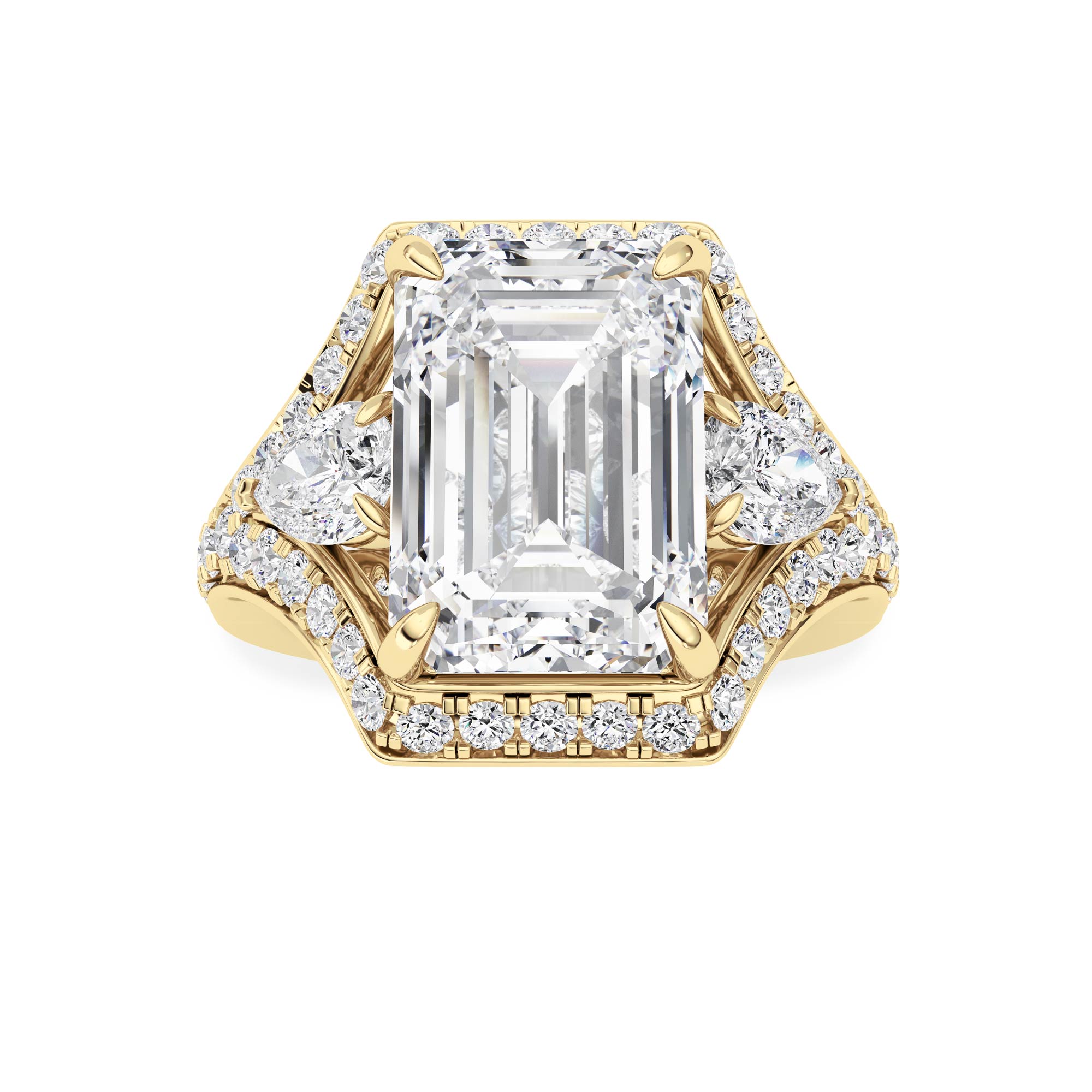 6.5Cttw Emerald Shaped Lab Grown Diamond (F/VS) Bold Accented Statement Engagement Ring in 14K Gold